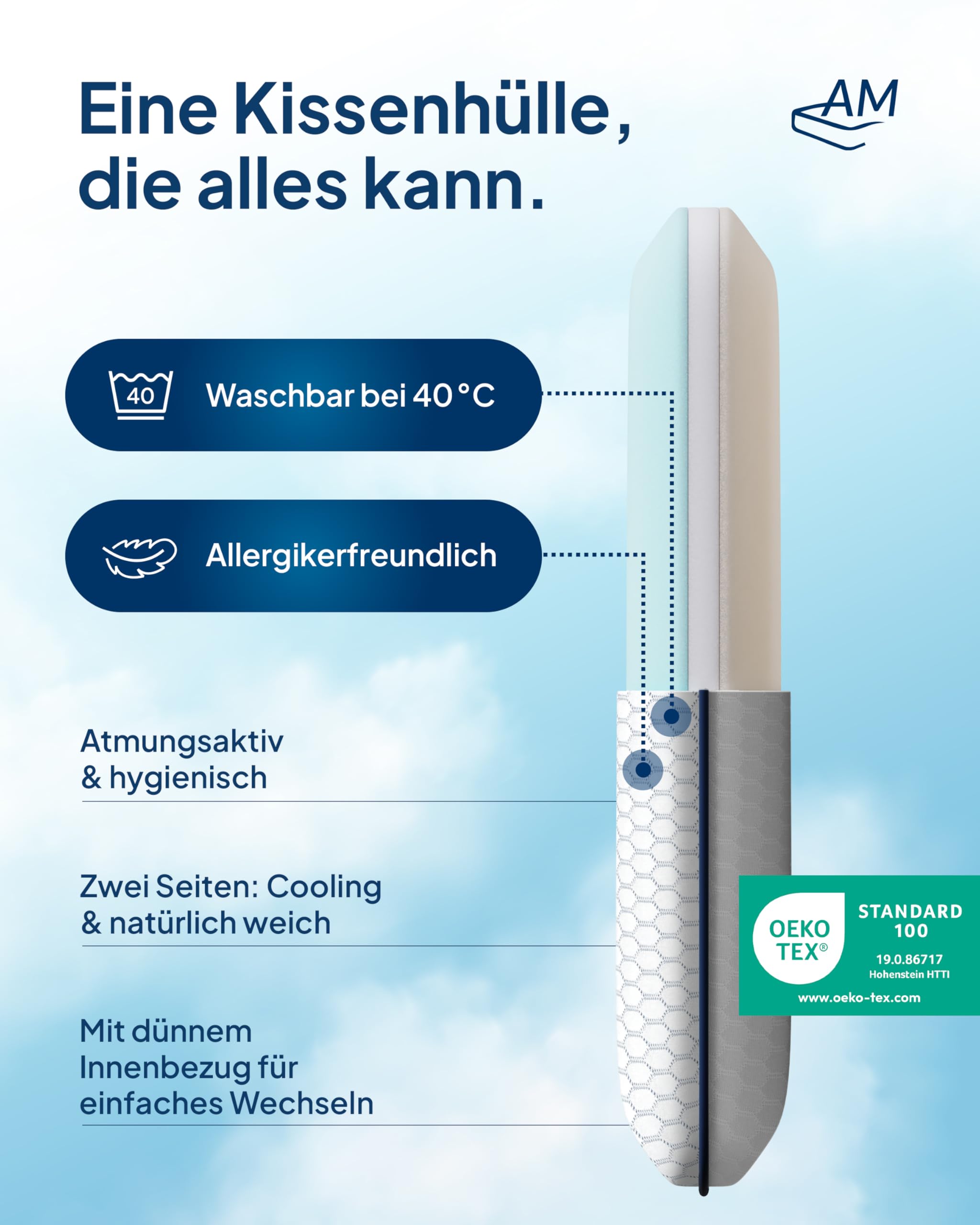 AM Qualitätsmatratzen Premium Nackenstützkissen höhenverstellbar mit Cooling Effekt & Tencel Bezug Made in Germany Oeko-TEX zertifiziert Gelschaum Viscoschaum