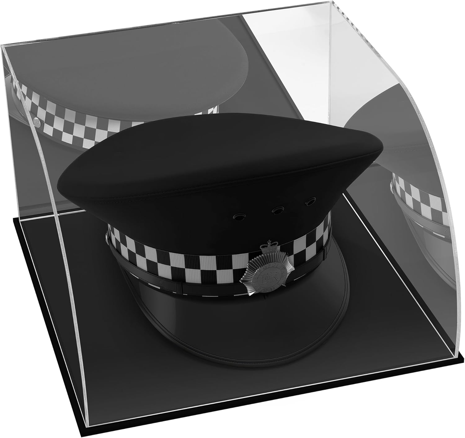 Military Police Hat Display Case – Clear Acrylic Hat Display Box with Black Base & Stainless Steel Risers | Acrylic Baseball Cap Holder Stand | Showcase for Military Hats, Sports Caps & Mini Helmets