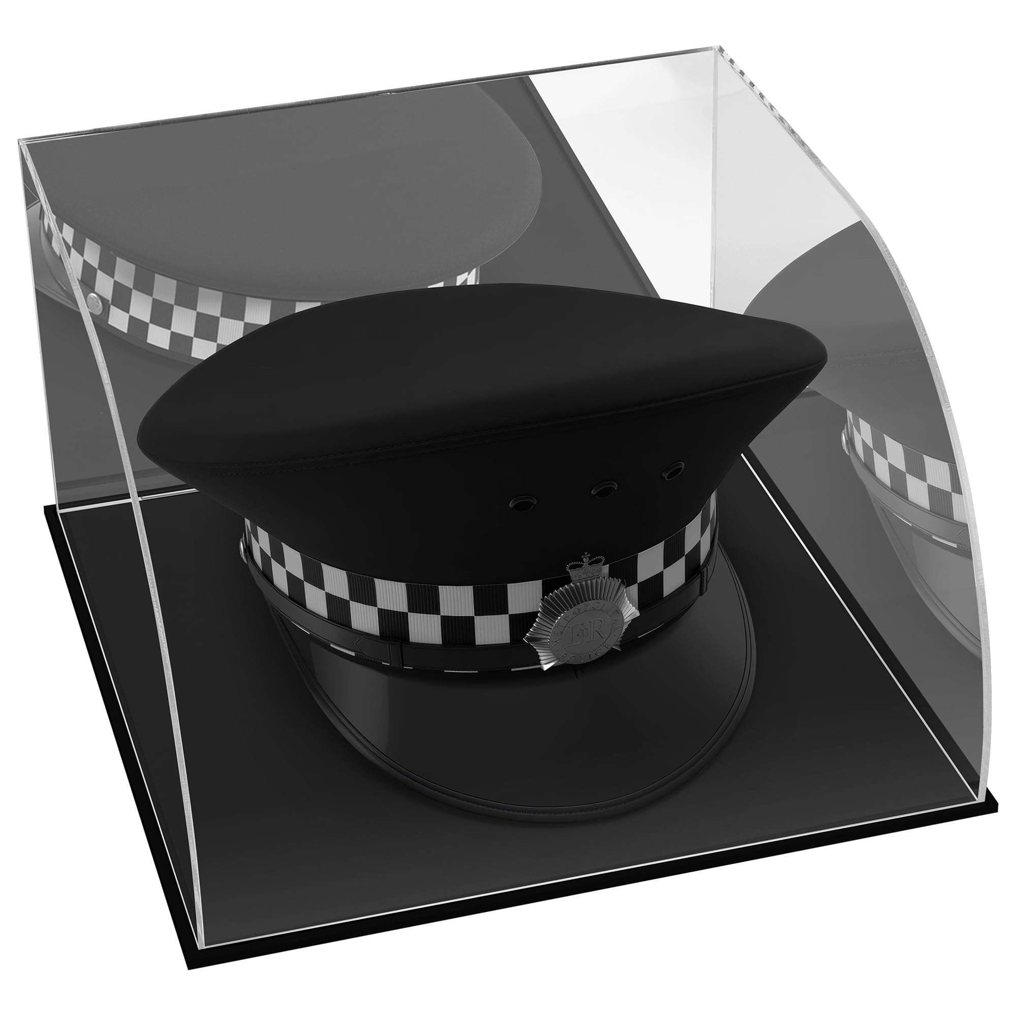 Military Police Hat Display Case – Clear Acrylic Hat Display Box with Black Base & Stainless Steel Risers | Acrylic Baseball Cap Holder Stand | Showcase for Military Hats, Sports Caps & Mini Helmets
