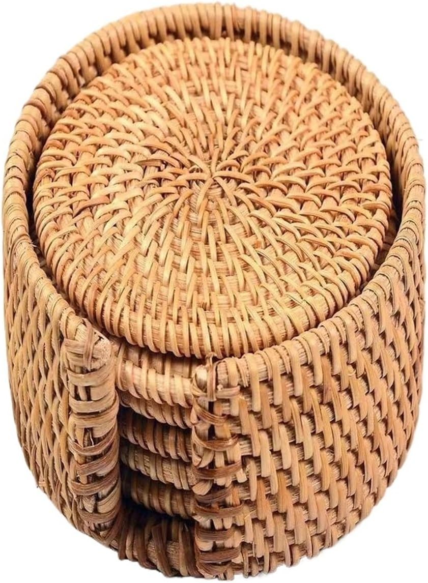 Cup Mat with Storage Box Hand Woven Placemat Braided Mat Heat Natural Rattan Hot Insulation Anti-Skidding Pad(L)