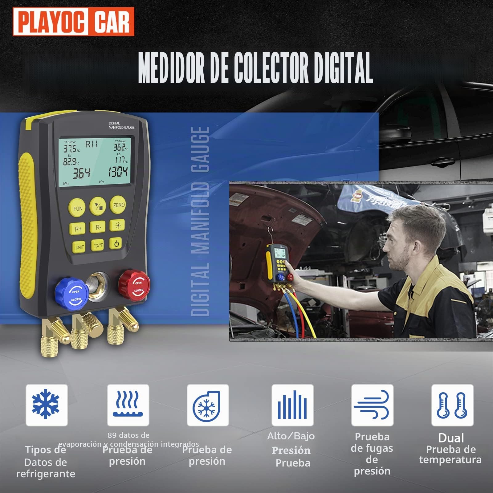 Manómetros Aire Acondicionado Digitales, Kit de Manómetro HVAC para 93 Refrigerantes (R32/R410a/R22/R1234YF), con 2 Abrazaderas de Temperatura para Pruebas de Clima y Frigoríficos