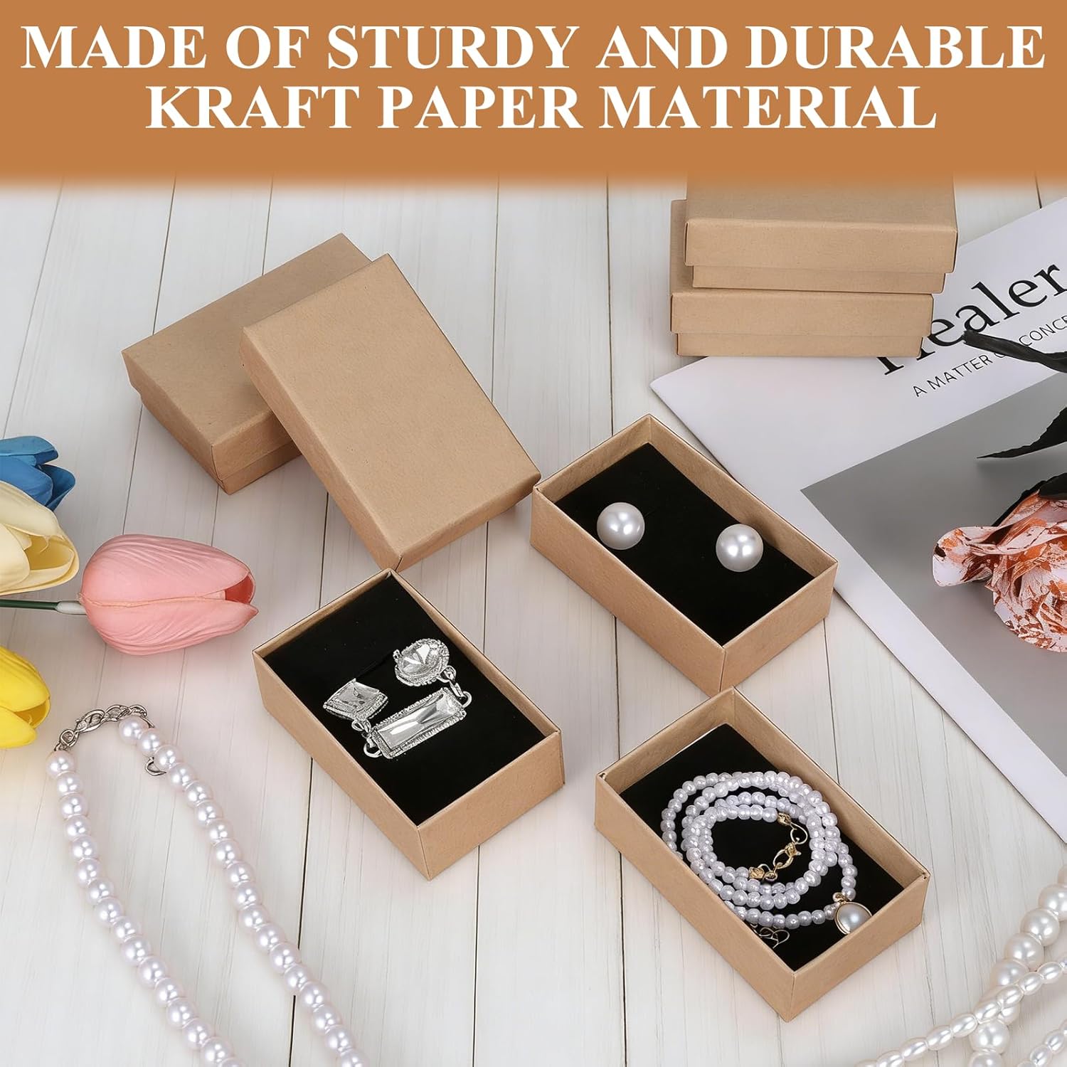 FUPMILPHRANX 96 Pack Jewelry Gift Boxes with Lids, Small Kraft Jewelry Packaging Boxes with Foam Inserts for Necklaces Earrings Bracelets, Cardboard Jewelry Storage Boxes Bulk for Small Business