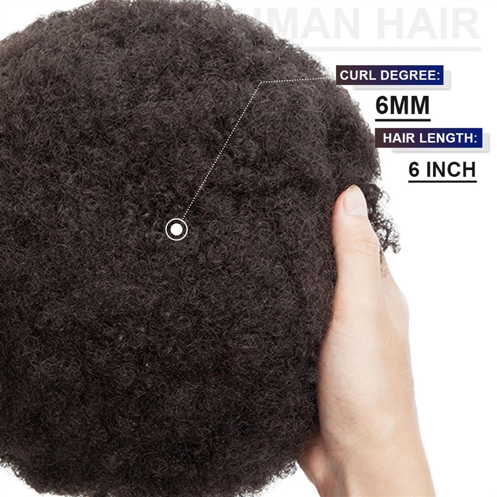 Herren-Perücke Afro-Toupet for schwarze Männer, 6 mm Afro Kinky Curl Herren-Haarteil, Perücke, 20,3 x 25,4 cm, Voll-PU-Basis, V-Schlaufe, männliche Haarprothesen, 130 % Dichte, Echthaar-Einheiten Perü