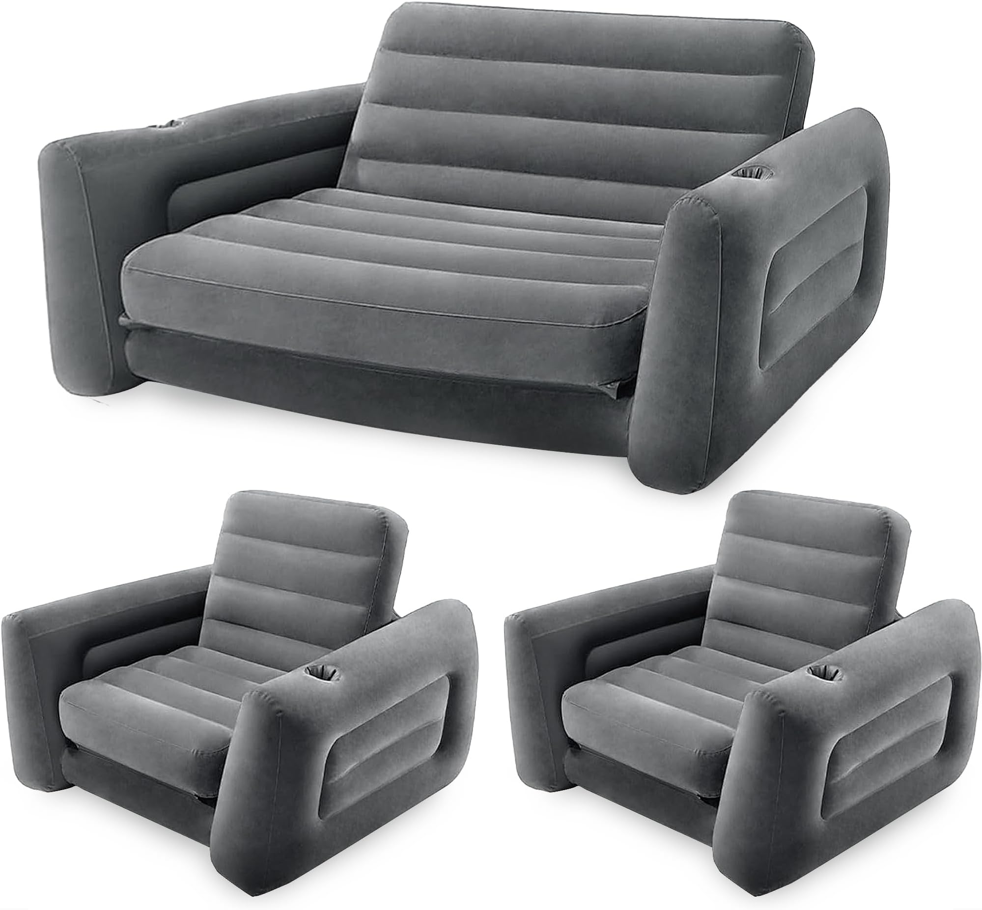 Intex Inflatable Furniture Set with Queen Sized Pull-Out Sofa Bed and 2 Sofa Sleepers, Gray - Air Mattress, Portable Couch, Lounge Chairs, Guest Beds