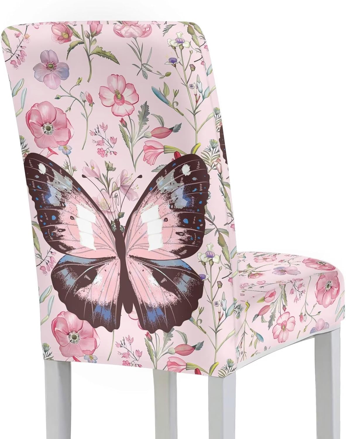 Rnyleeg Pink Floral Butterfly Chair Covers for Dining Chairs 4 Pack Dining Table Seat Covers Stretch Chair Slipcovers No Arms for Home Party Hotel Wedding Ceremony