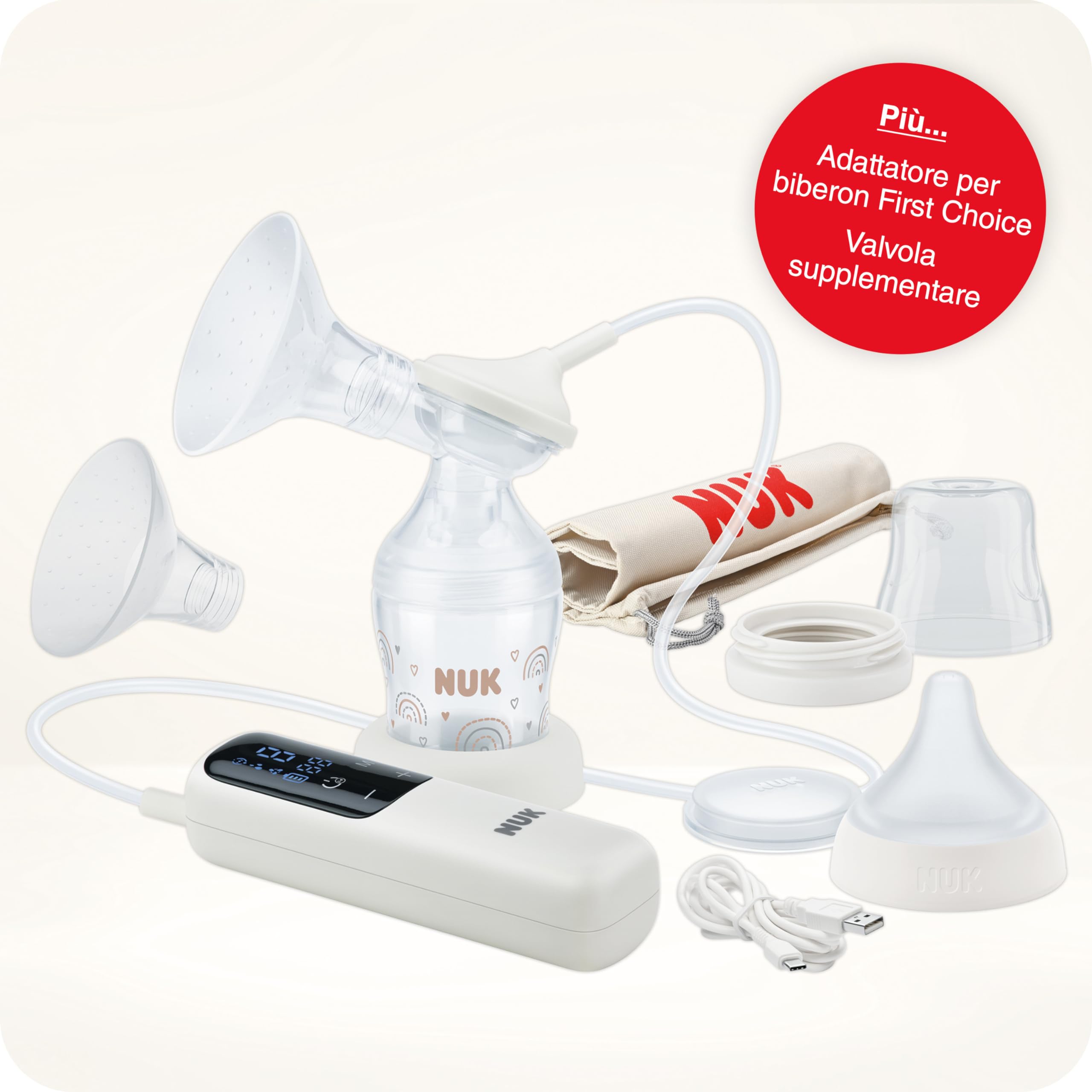 NUK Tiralatte elettrico Soft & Easy | Coppe morbide 100% silicone | Piccolo, leggero e silenzioso | Batteria ricaricabile per il trasporto | Coppe da 24 mm e 27 mm | 1 x Biberon Perfect Match
