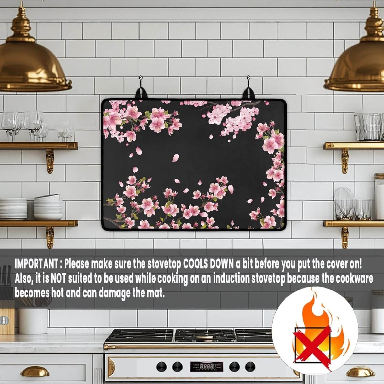 Black Cover for Stove Top Heat Resistant Glass Top Stove Cover Protector, Glass Cooktop Covers, Kitchen Flat Induction Cooktop Mat, Cherry Blossom