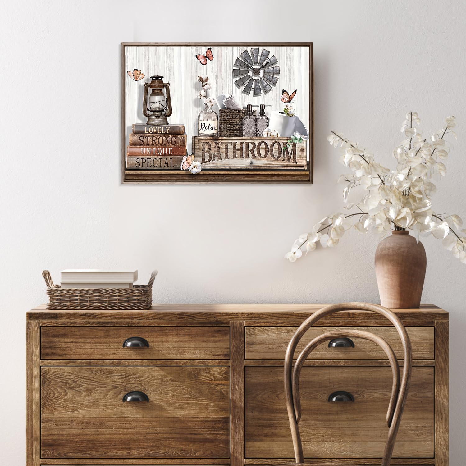 Dazzlewall Farmhouse Wall Decor - Rustic Cotton Flower and Butterfly Art - Country Bathroom Signs Pictures for Home - 12x16 in Unframed - Image 2