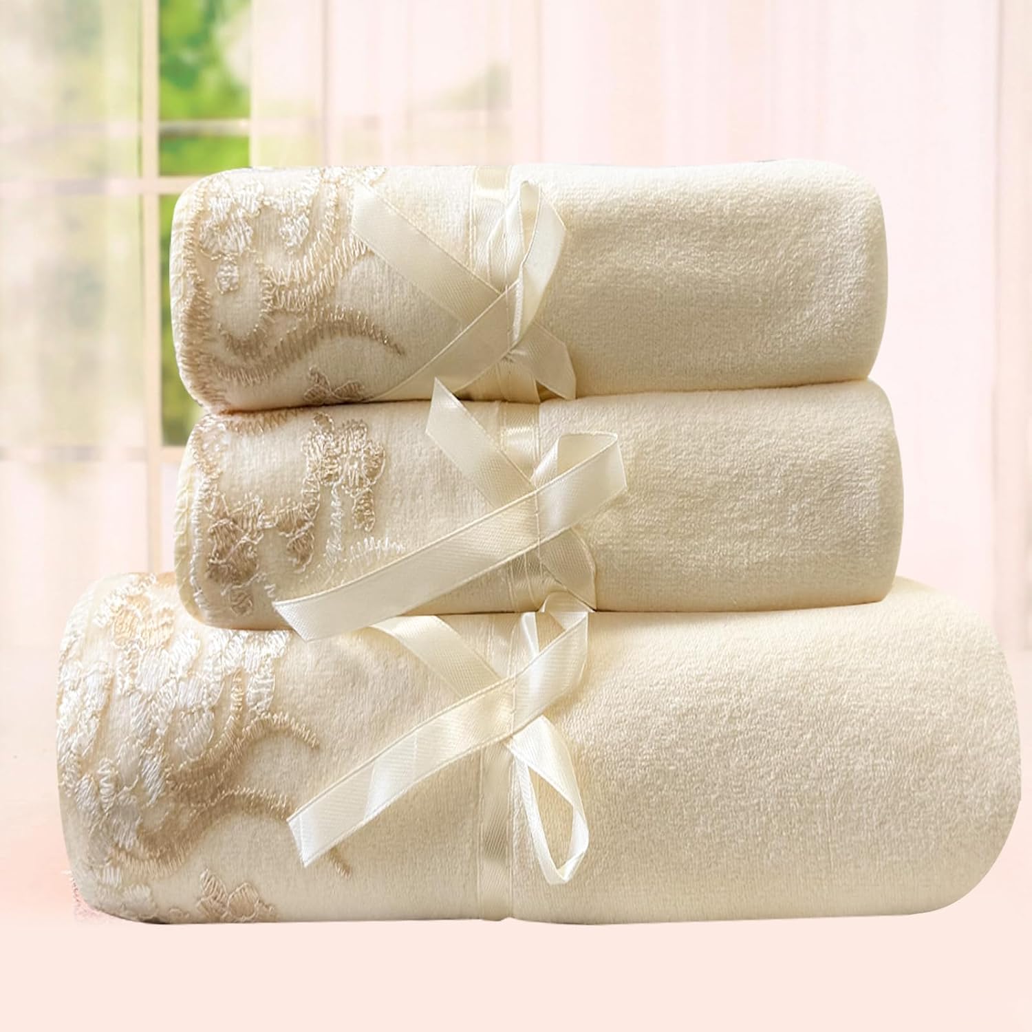Bath Towels Set, Cream Lace Hand Towels Ultra Absorbent & Soft Towels Velvet Bathroom Sheet Towels for Shower Beach Daily (1 Bath Towel+2 Hand Towels)