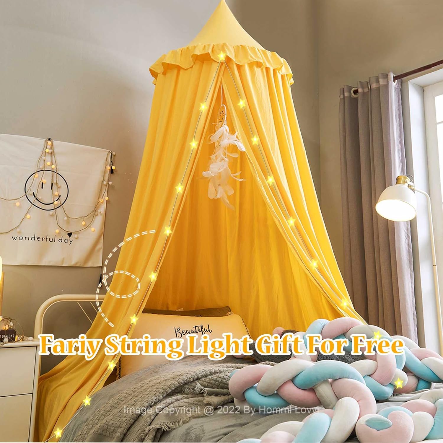 KLUFO Bed Canopy for Girls, Dreamy Frills Ceiling Hanging Princess Canopy Bedroom Decoration Soft Canopy Net Reading Nook, Extra Large Full Queen Size Bed Canopies - Yellow