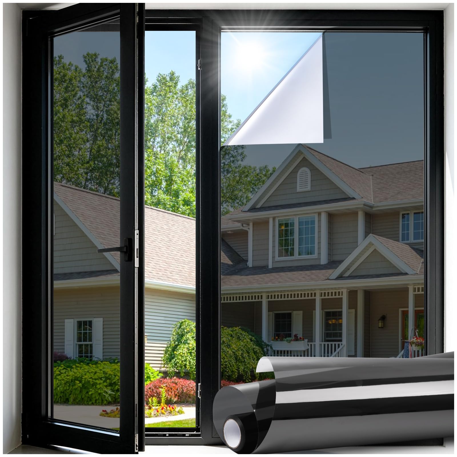 Photo 1 of LUTE One Way Window Privacy Film, Window Tint for Home, Sun Blocking UV Heat Blocker, See Out Not in Reflective Mirror Film, Removable Static Cling Glass Door Cover, Black Silver, 17.5" x 78.7"