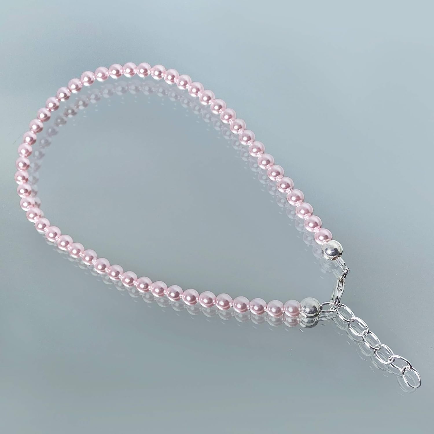 Gem Avenue .925 Silver Round Faux Pearl Adjustable Anklet with 9 to 10 inch Long