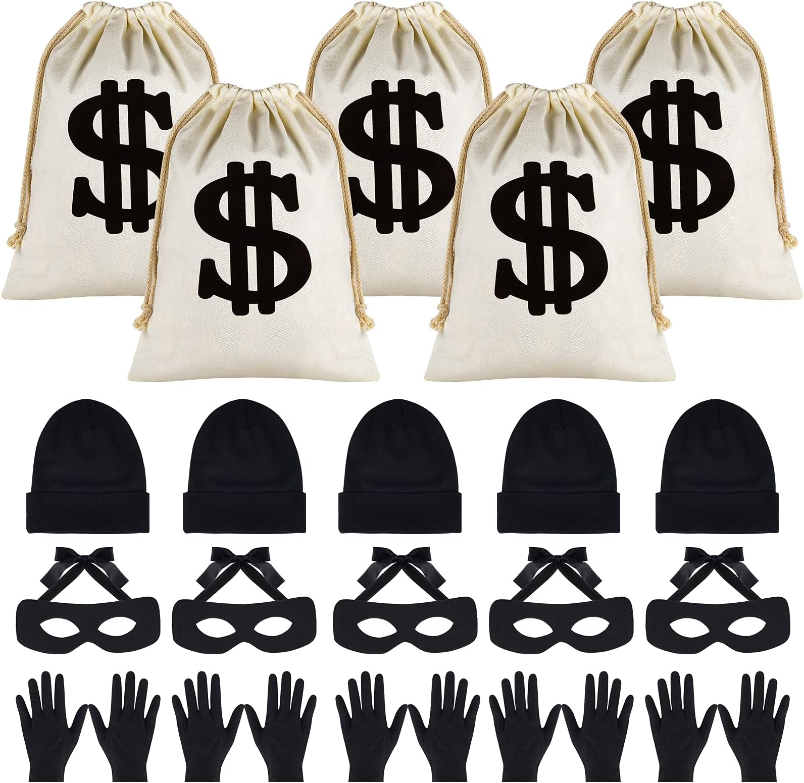 MIAHART Robber Costume Set, Include Eye Mask Knit Beanie Cap Canvas Dollar Sign Money Bags Bandit for Halloween Cosplay