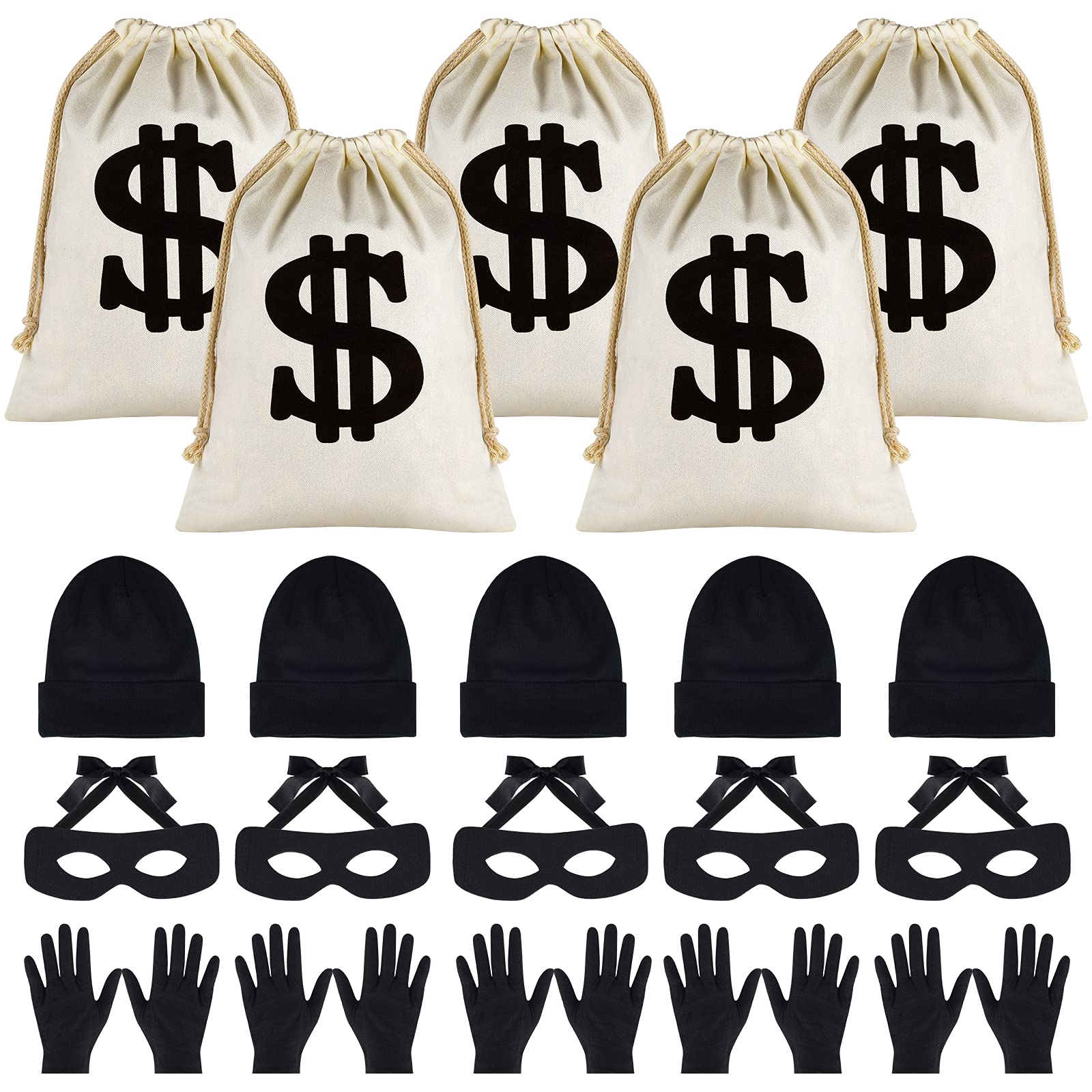 MIAHART Robber Costume Set, Include Eye Mask Knit Beanie Cap Canvas Dollar Sign Money Bags Bandit for Halloween Cosplay