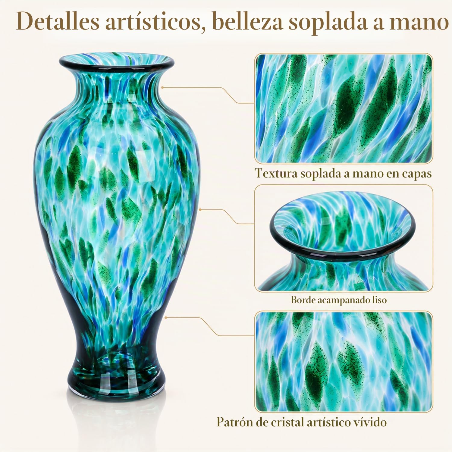 Jarrón de vidrio soplado a mano turquesa, 11.8 pulgadas de alto, boca ancha para centro de mesa, jarrones de flores coloridos de Murano para entrada del hogar