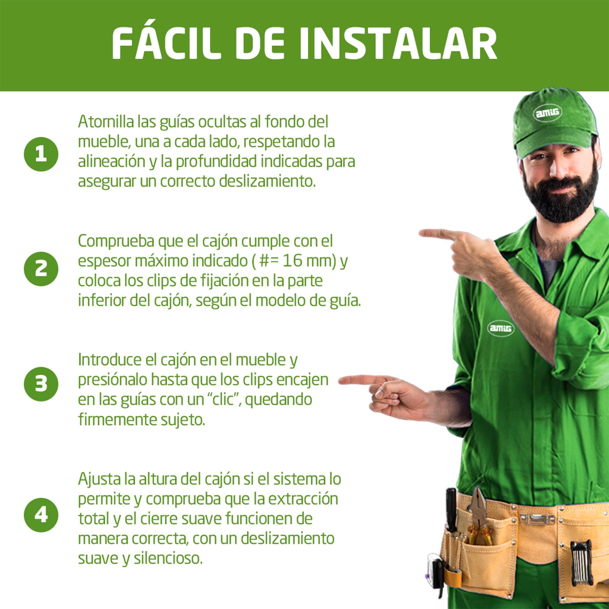 Amig - Juego de 2 guías Correderas Mod.41 de Acero Zincado para Cajones de Muebles, Cajoneras o Armarios - De Extracción Total con Autocierre - Resistencia de carga: 25 Kg/Par - Medidas: 400 mm