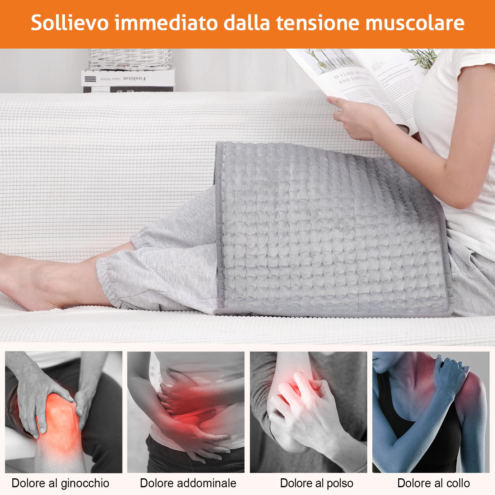 Termoforo Elettrico con 6 Livelli di Temperaturaa, Cuscino Termico Spegnimento, per schiena e addome, termoforo cervicale e spalle, Rapido Riscaldamento, Electro Block di sicurezza, (76x40cm)