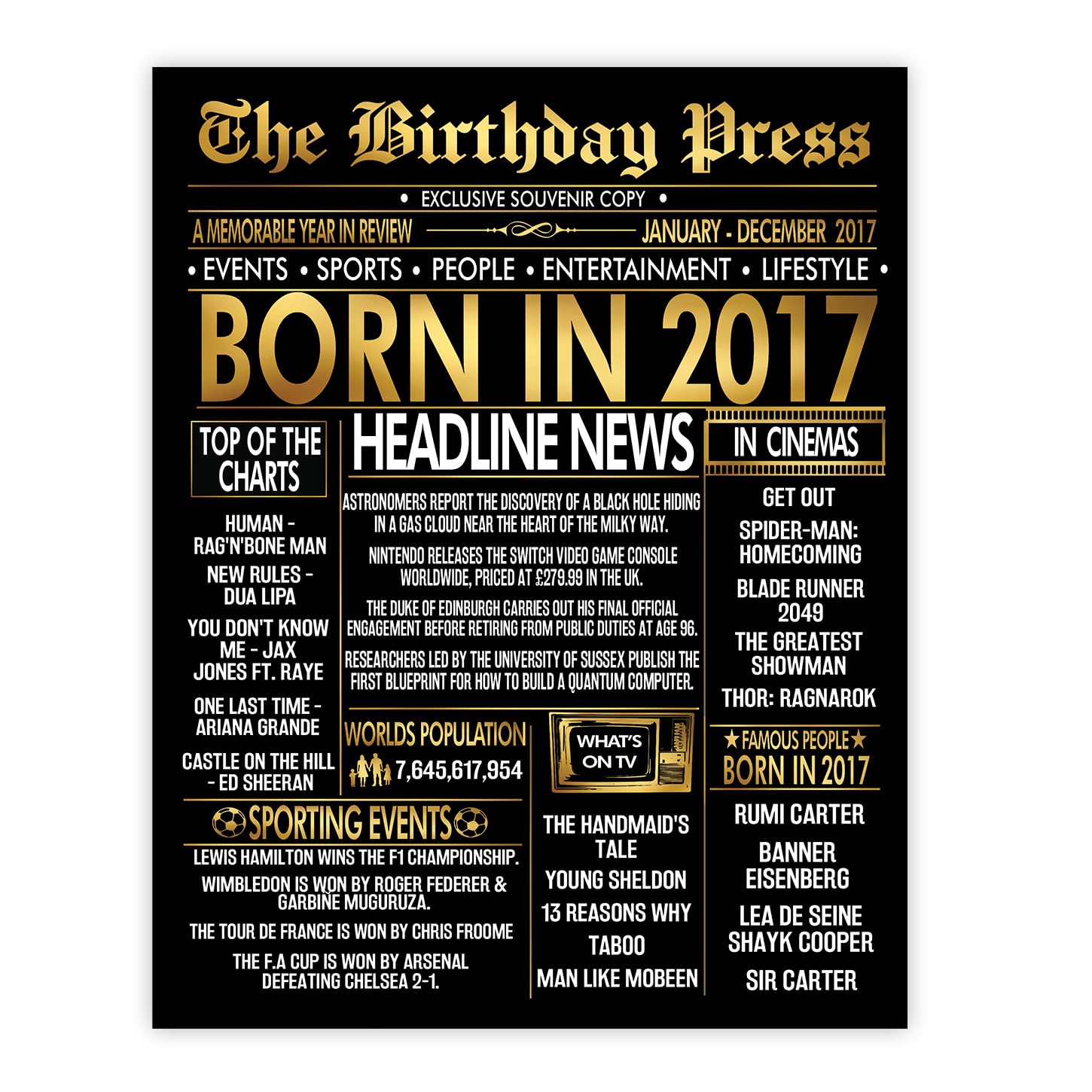 Stuff4 Gold 9th Birthday Poster Unframed, Golden Born In 2017 Newspaper