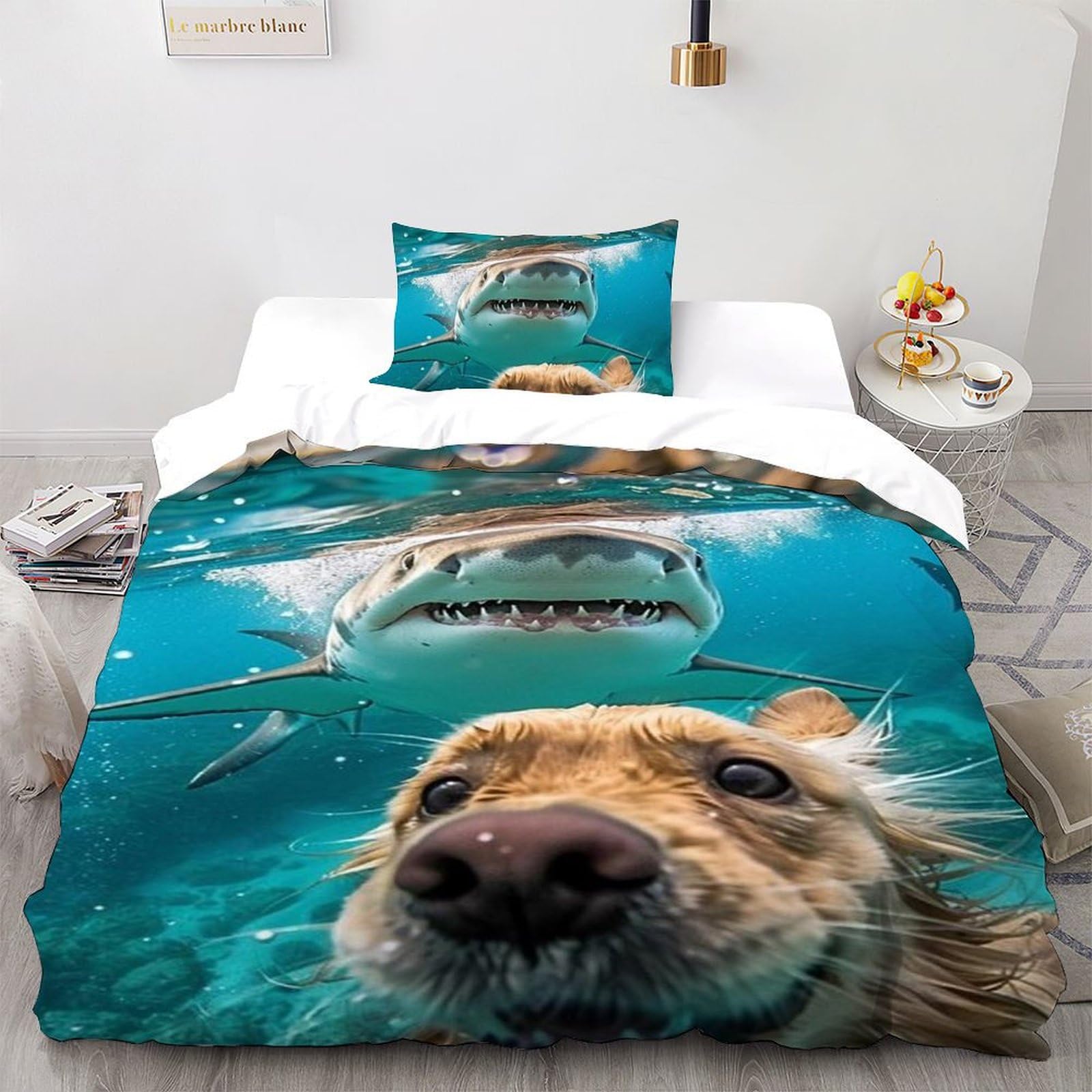 Housse de couette requin microfibre 135x200cm anti-plis pour lit simple de garçon