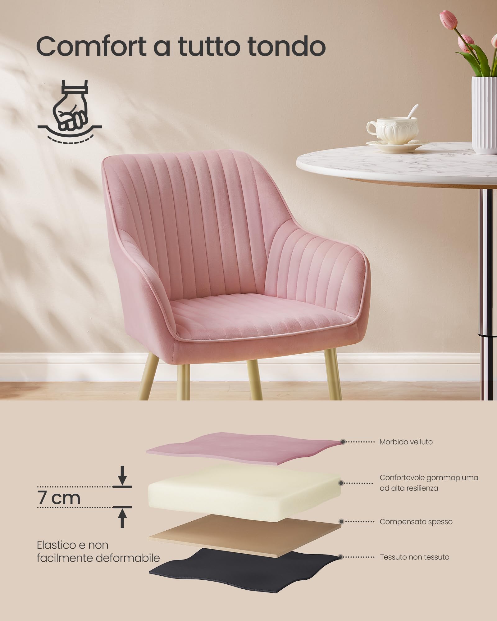 SONGMICS Sedia da Pranzo, Sedia da Cucina, Poltrona in Velluto Imbottita con Braccioli, Regge 120 kg, Gambe in Metallo, per Sala da Pranzo, Cucina, Rosa Pastello e Dorato Pallido LDC087R01