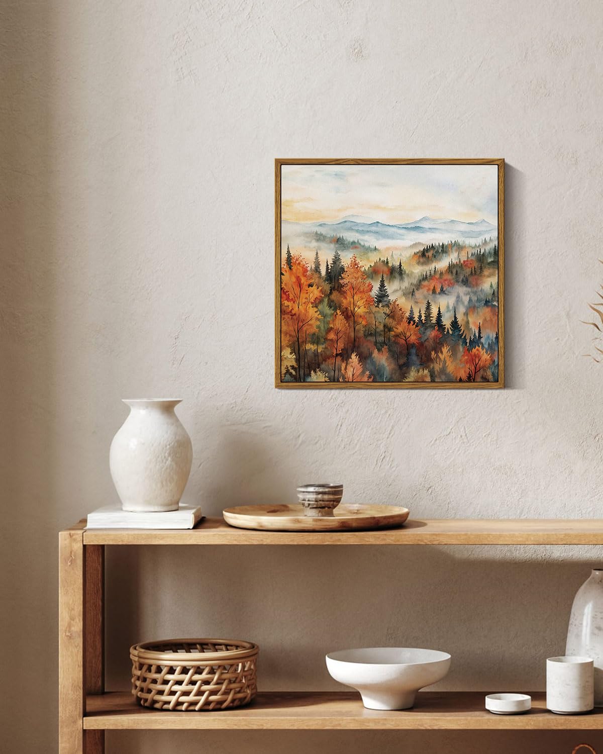 InSimSea Quadratische gerahmte Leinwand-Kunst, Herbstdrucke, klassische Landschaft, Kiefernwald im Morgennebel, Herbst-Wanddekoration für Wohnzimmer, Schlafzimmer, Badezimmer, Büro, 30,5 x 30,5 cm