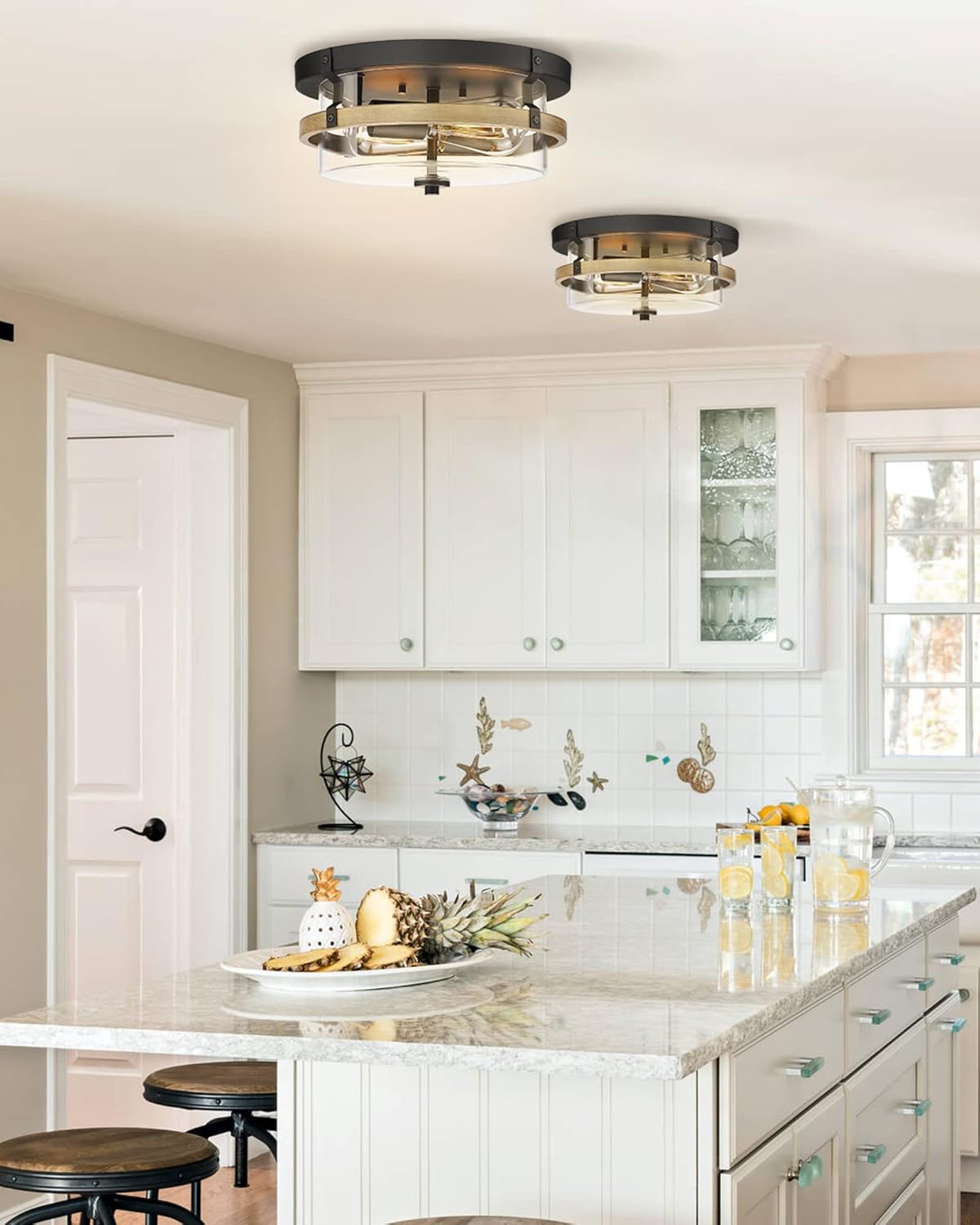 EAPUDUN Farmhouse Ceiling Light, Wooden Flush Mount Ceiling Light Fixtures with Clear Glass Shade, Retro 2-Light Ceiling Lamp for Hallway Entryway Bedroom Kitchen Dining Room FMA1443-FBDT