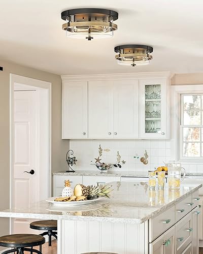 Miniatura 9 de EAPUDUN Lámpara de techo estilo granja, lámpara de techo semiempotrada de madera sintética de 13 pulgadas, lámpara de techo retro de 2 luces para