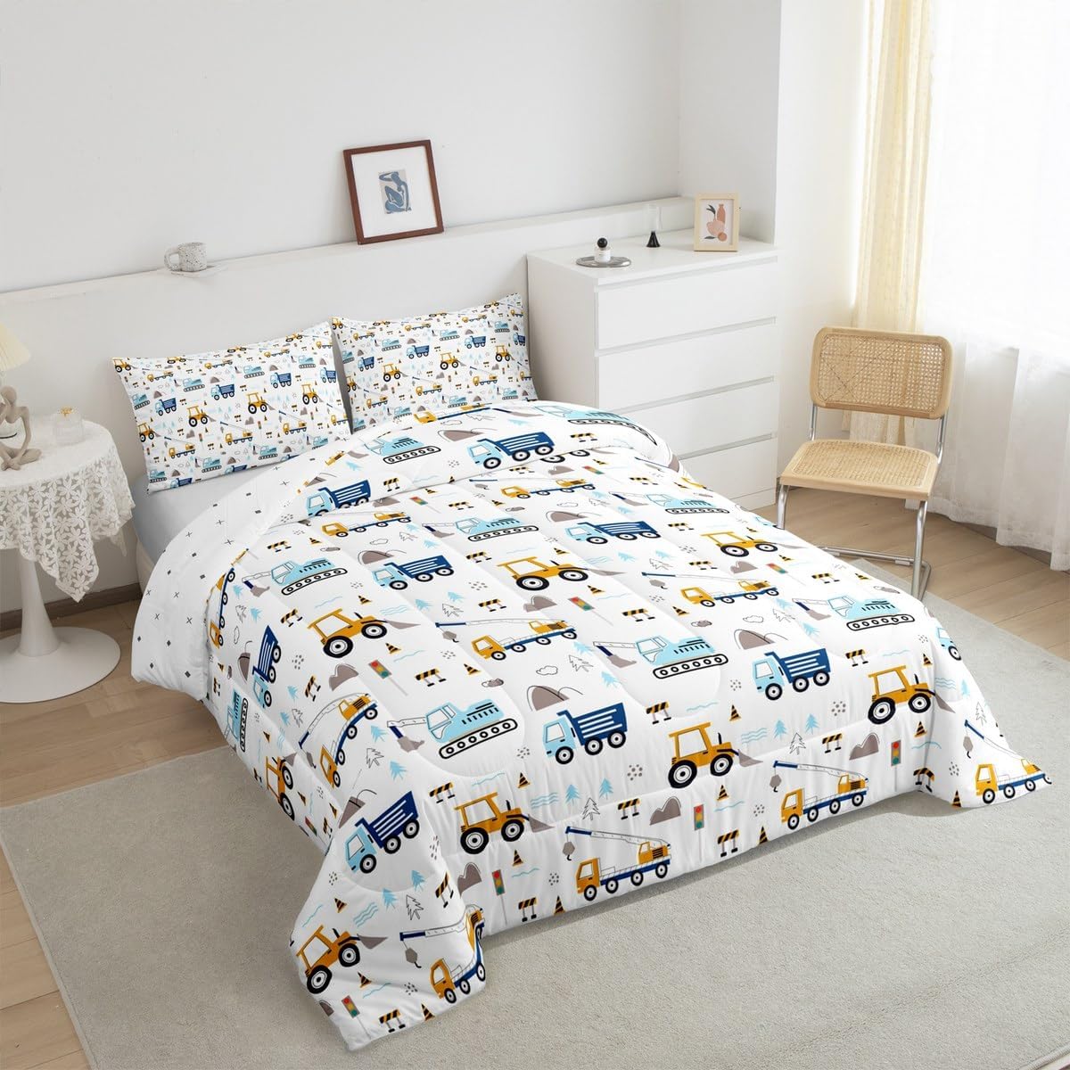 Feelyou Construction Bedding Set Full Size Equipment Trucks Duvet Quilt for Kids Teens Cartoon Car Comforter Set Excavator Tractor Blue Orange White Room Decor 3Pcs with 2 Pillow Case