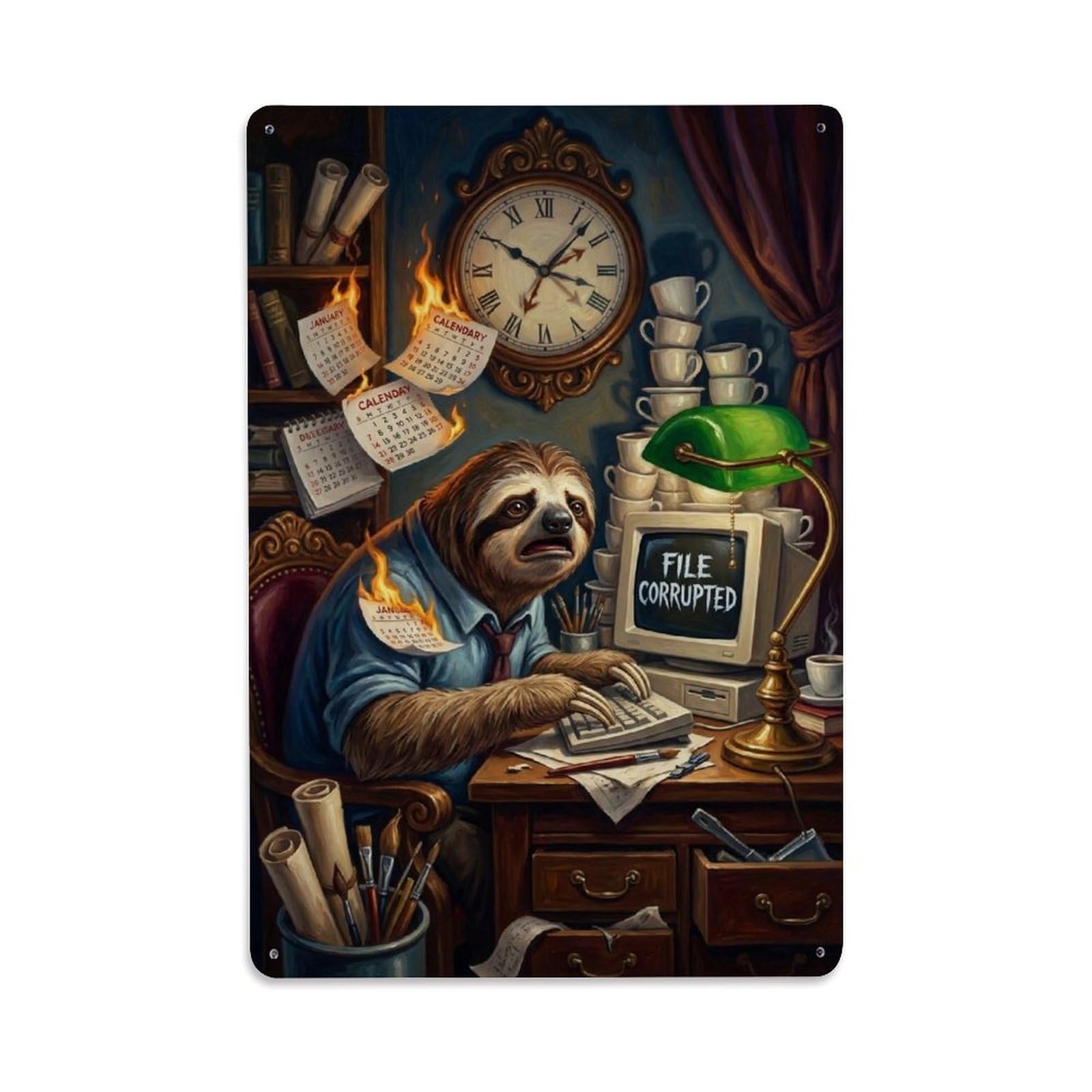Safari Wildlife Sloth Workplace Deadline Dark Humor Surreal Metal Tin Sign Plaque Wall Decor for Cafe, Man Cave, Club Bar, Office, Home Garden Round Metal Poster 8x12Inch