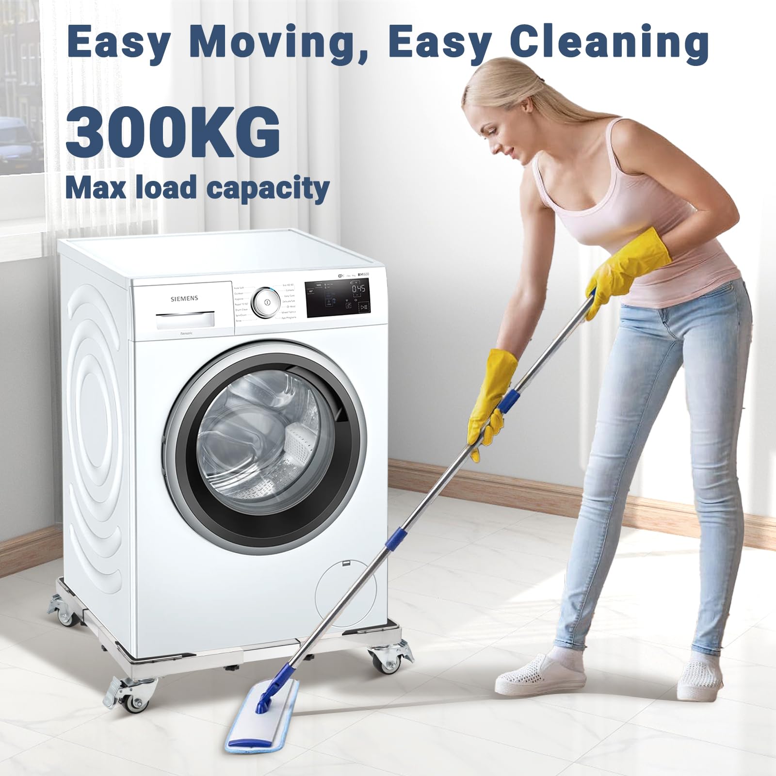W B D WEIBIDA Acero Inoxidable Resistente Base para Lavadora con 4 Ruedas de Bloqueo, Capacidad 300KG Alta dureza Soporte Lavadora Secadora Ajustable de 54-72cm, Plataforma con Ruedas para Nevera