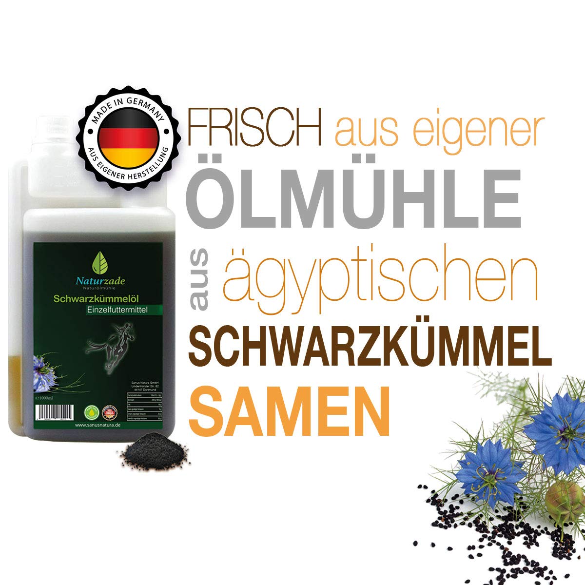 Naturzade Schwarzkümmelöl für Pferde & Hunde, 1 Liter Dosierflasche, kaltgepresst mühlenfisch direkt vom Hersteller