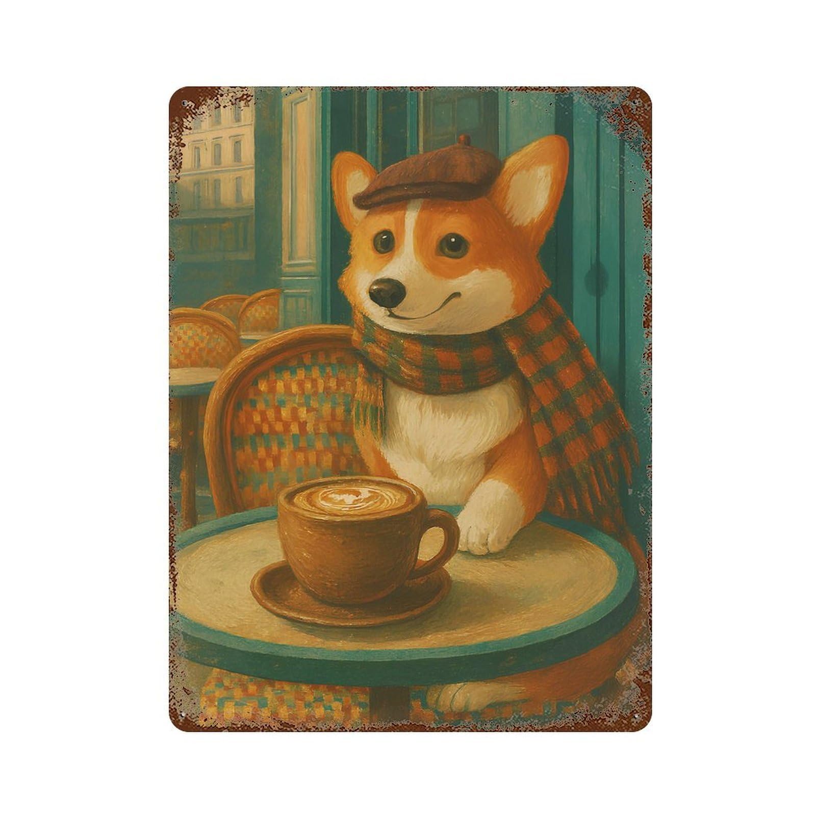 Corgi at Parisian Cafe with Coffee Decorative Tin Sign 15.7"x11.8", Retro Wall Decor for Garage, Pub Or Kitchen