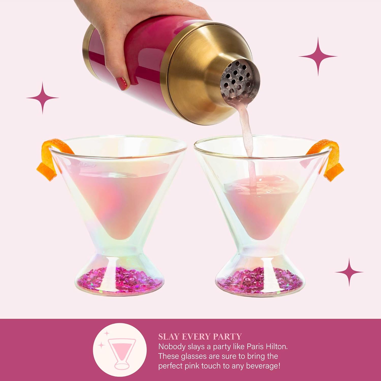 Paris Hilton 2-Piece Martini Glass Set, Double Wall Glass Design, Great for Martinis, Cocktails, Cosmopolitans, Margaritas, 207mL, 7-Ounce, Iridescent with Glitter Hearts - Image 6