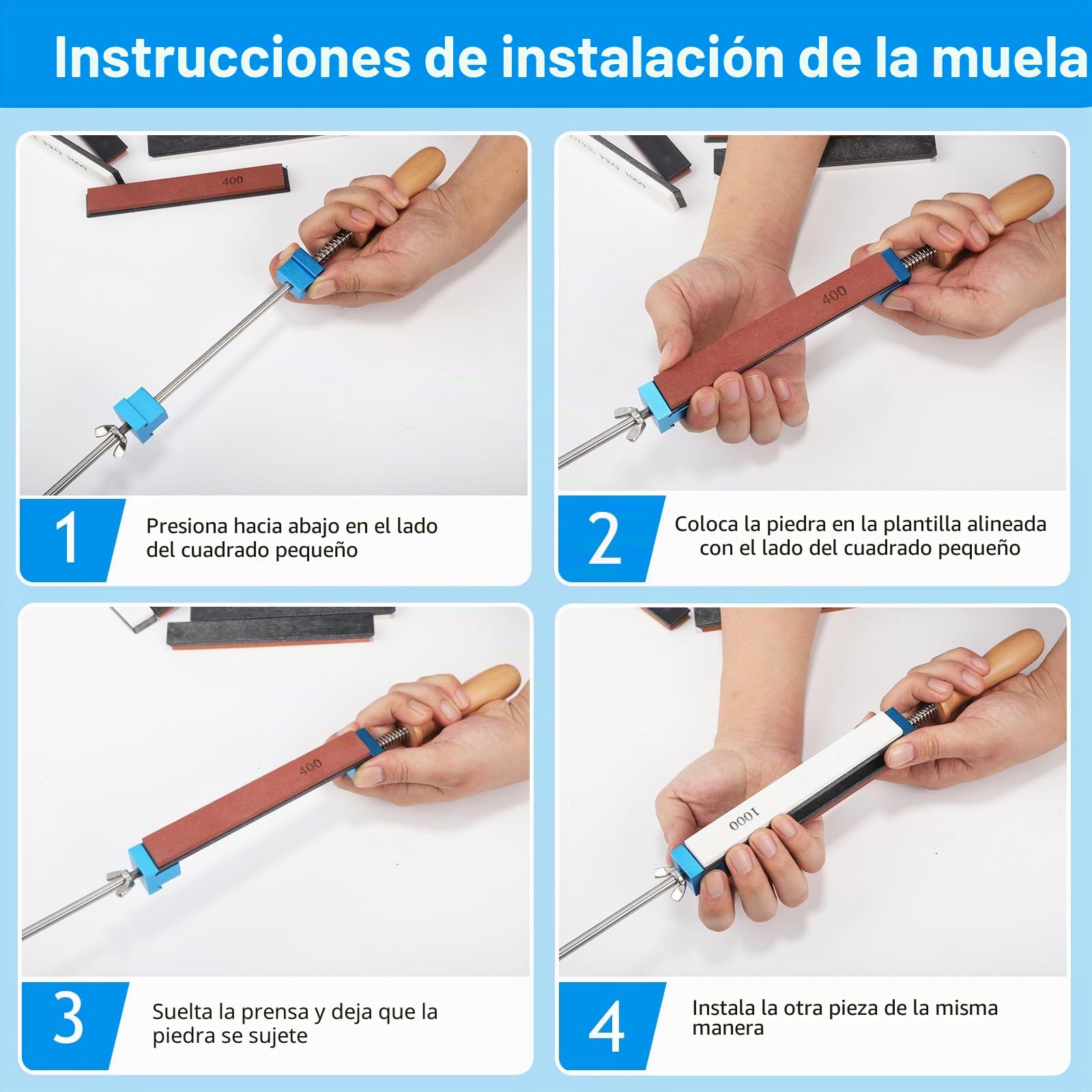 Afilador de cuchillos manual profesional, sistema de afilado de ángulo fijo, con 4 piedras de afilar + 4 diamantes, fijación abrasiva para herramientas de pulido y pulido finas