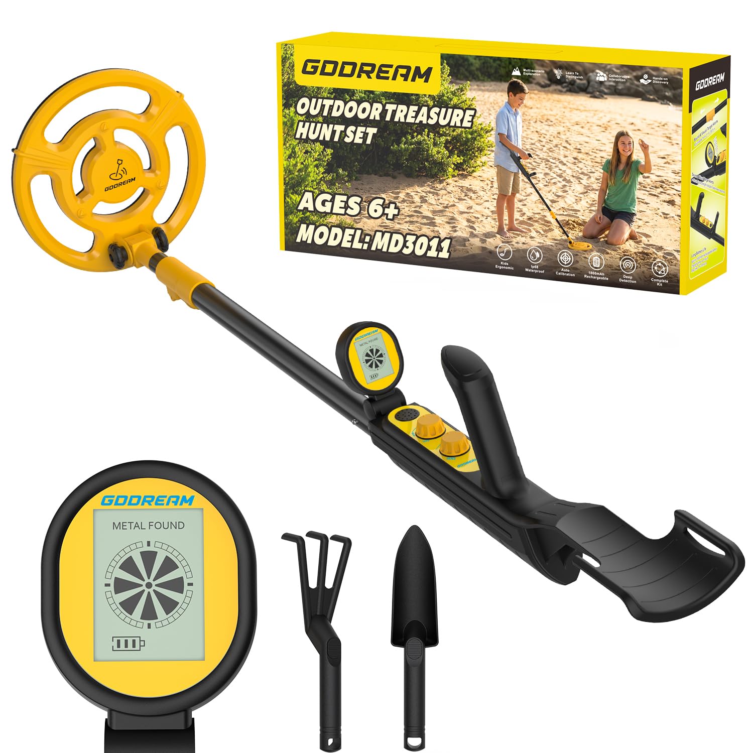 GDDREAM Metal Detector, Rechargeable Metal Detector for Kids, Adjustable 31.5"-38.5" Kids Metal Detector Kit, 7.5" IP68 Waterproof Coil for Outdoor Exploration, Gift for Boys &amp; Girls, Yellow