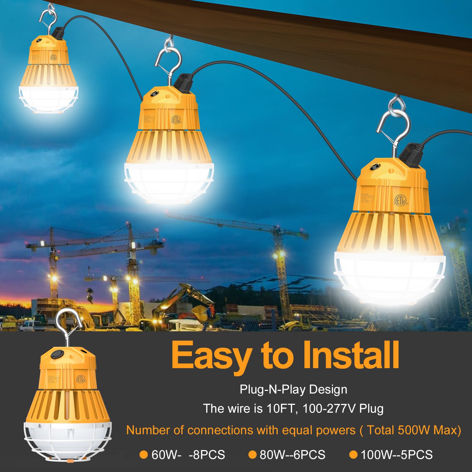 Tymczasowe światło robocze LED, 80 W/64 W/48 W, 12000 lm, 5000 K, przenośna lampa robocza, przenośna do oświetlenia garażu stodoły, tymczasowe podłączenie świateł roboczych, wejście 100~277VAC