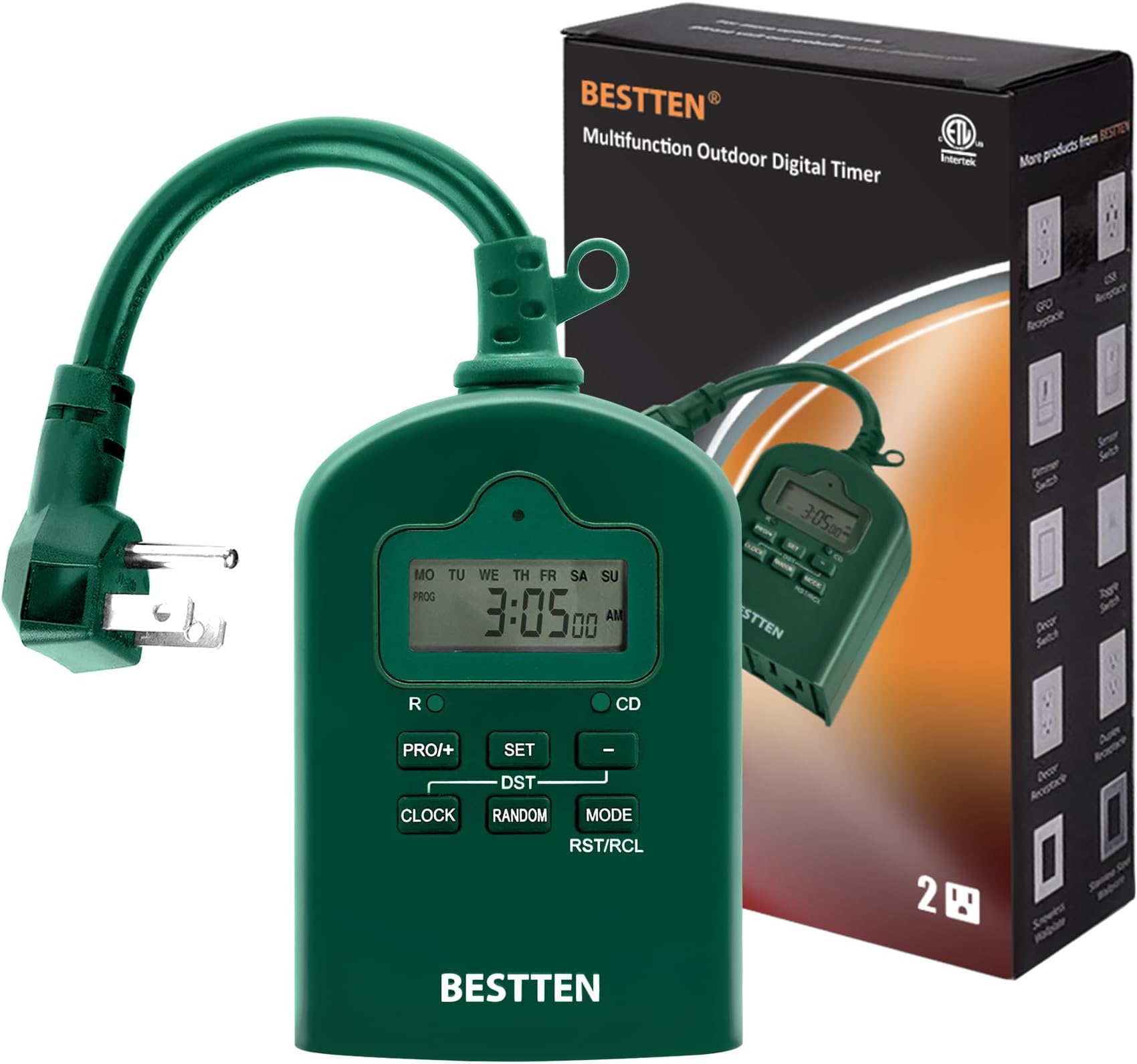 BESTTEN 7 Day Outdoor Digital Programmable Timer with Clock and Push Button, Countdown Timer with Dual Grounded Outlets, Weatherproof, Green, ETL Listed