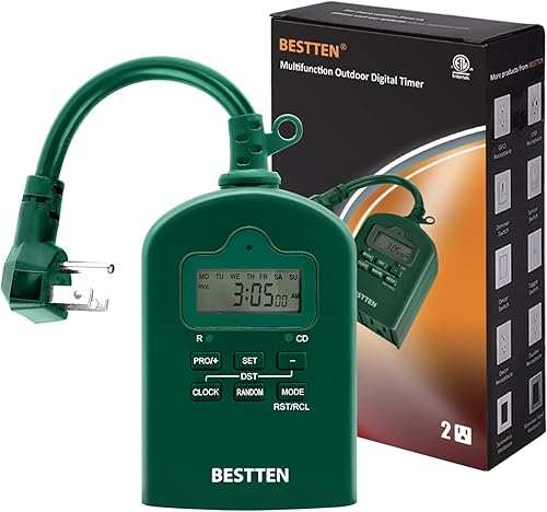BESTTEN Temporizador programable digital para exteriores de 7 días con reloj y botón pulsador, temporizador de cuenta regresiva con dos tomas de