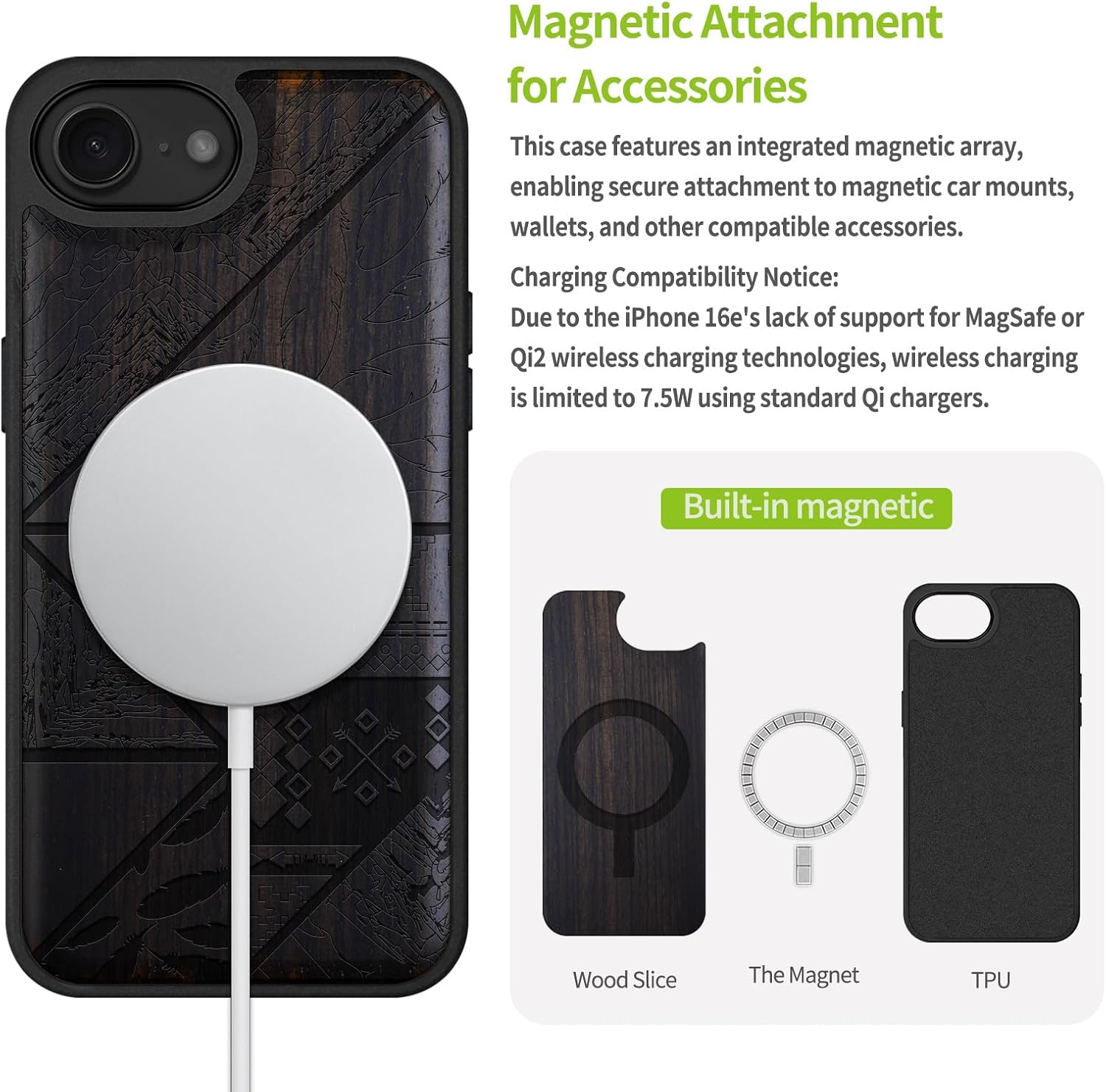 Carveit Magnetic Wooden Case for iPhone 16e / 17e, Solid Wood & TPU, Artisan Engraved Design, Shockproof Cover, Compatible with MagSafe Wireless Chargers, Geometric Collage - Blackwood