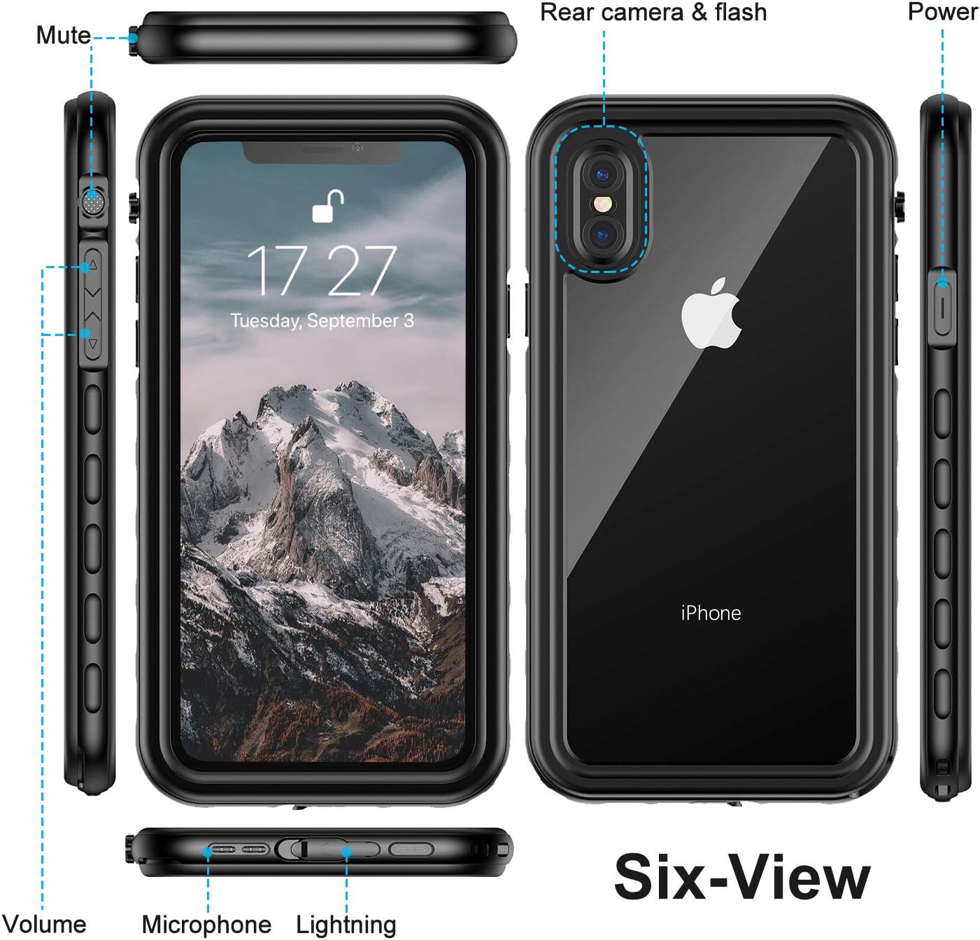 Janazan iPhone X/iPhone Xs Waterproof Case, 360 Full Body Clear Protective Case with Built-in Screen Protector, Waterproof Shockproof Dustproof Snowproof for iPhone X/Xs 5.8 inch (Black/Clear)