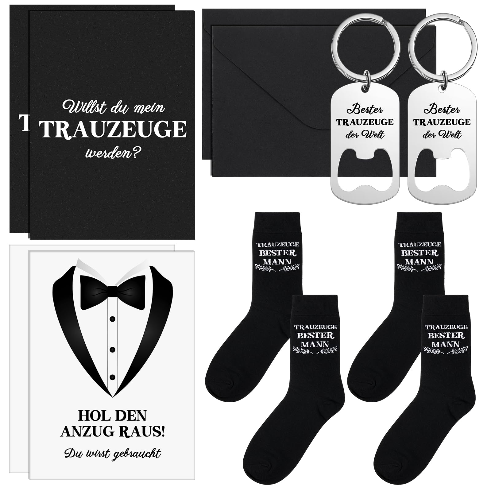 Otuuz Otuz Juego de 2 Preguntas sobre el Mejor Hombre Regalo de testigo de boda Llavero de Abrebotellas mejor padrino Calcetines de acompañante de honor del novio con Tarjeta Willst du Mein Trauzeuge Sein