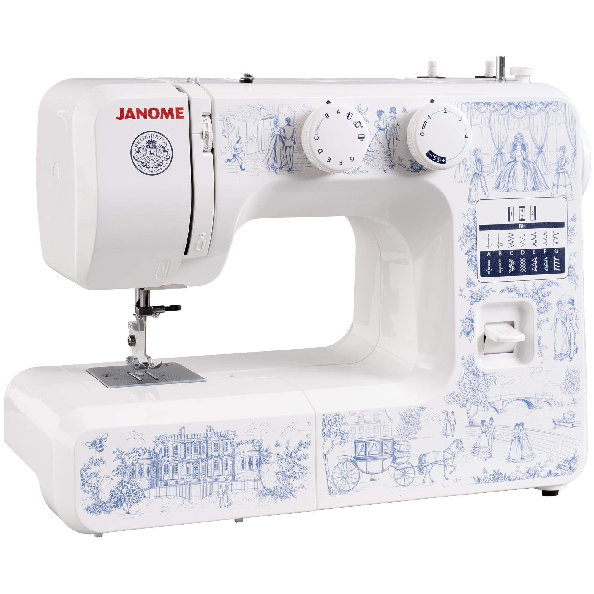 Janome Toile Romance - Máquina de coser de 15 puntadas fácil de usar con licencia oficial de la colección Bridgerton