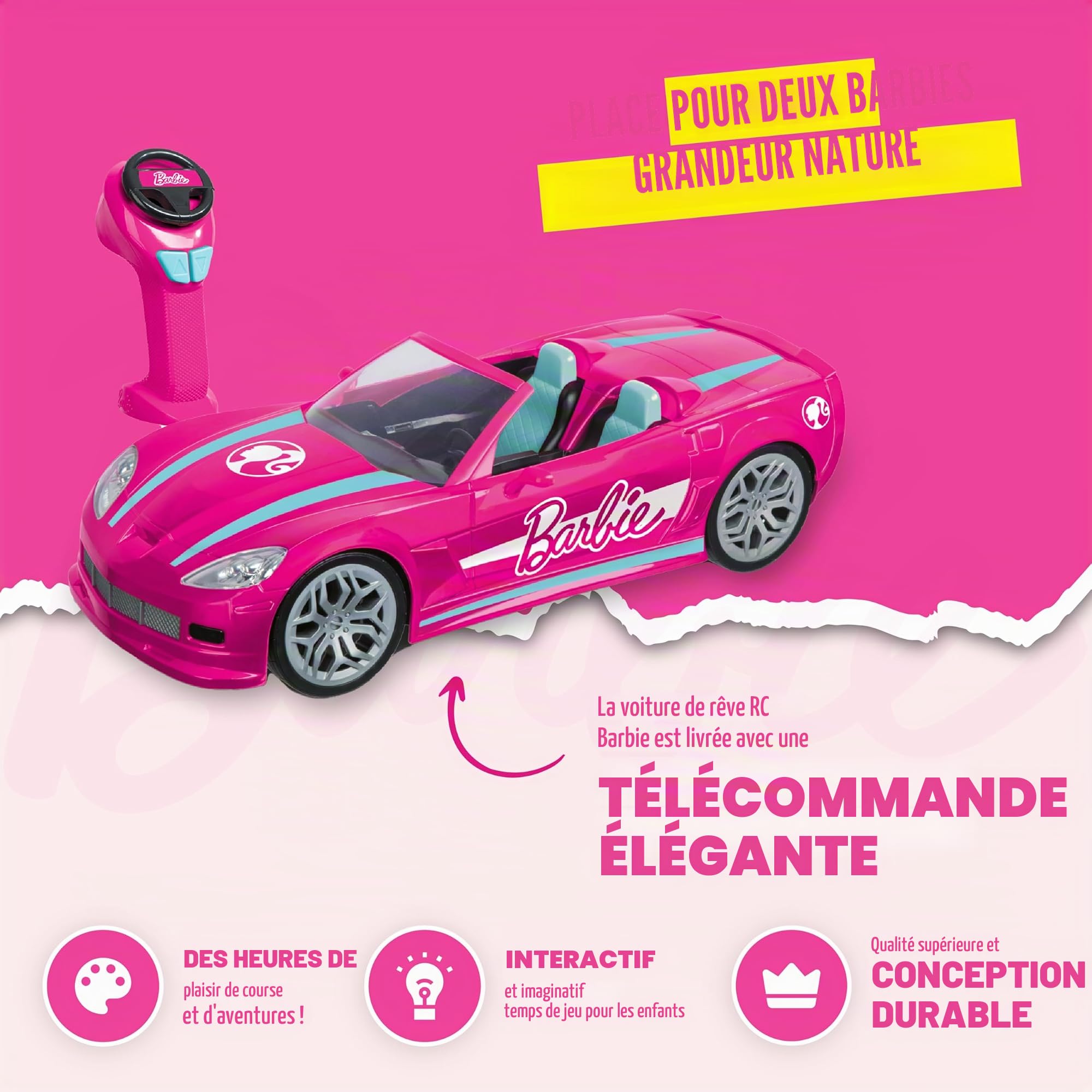 Barbie Dream Voiture télécommandée BladeZ RC 2,4 GHz, lumineuse, compatible deux poupées, 38,1 cm