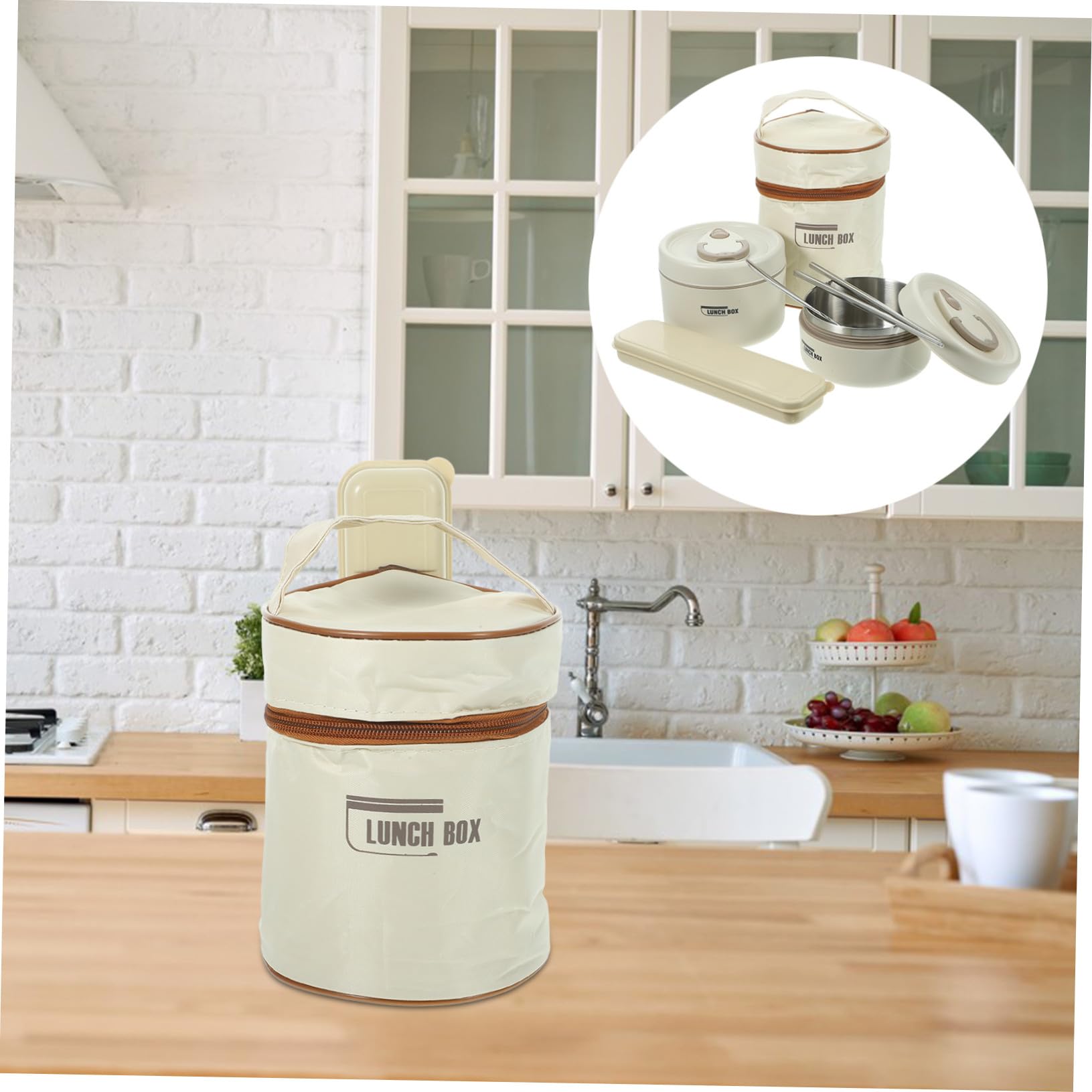 Ciieeo Contenitore Bento Box in Acciaio Inossidabile con Coperchio Isolato, Portapranzo Termico Beige, Set 2 Pezzi per Pasti Singoli e Pranzi in Movimento