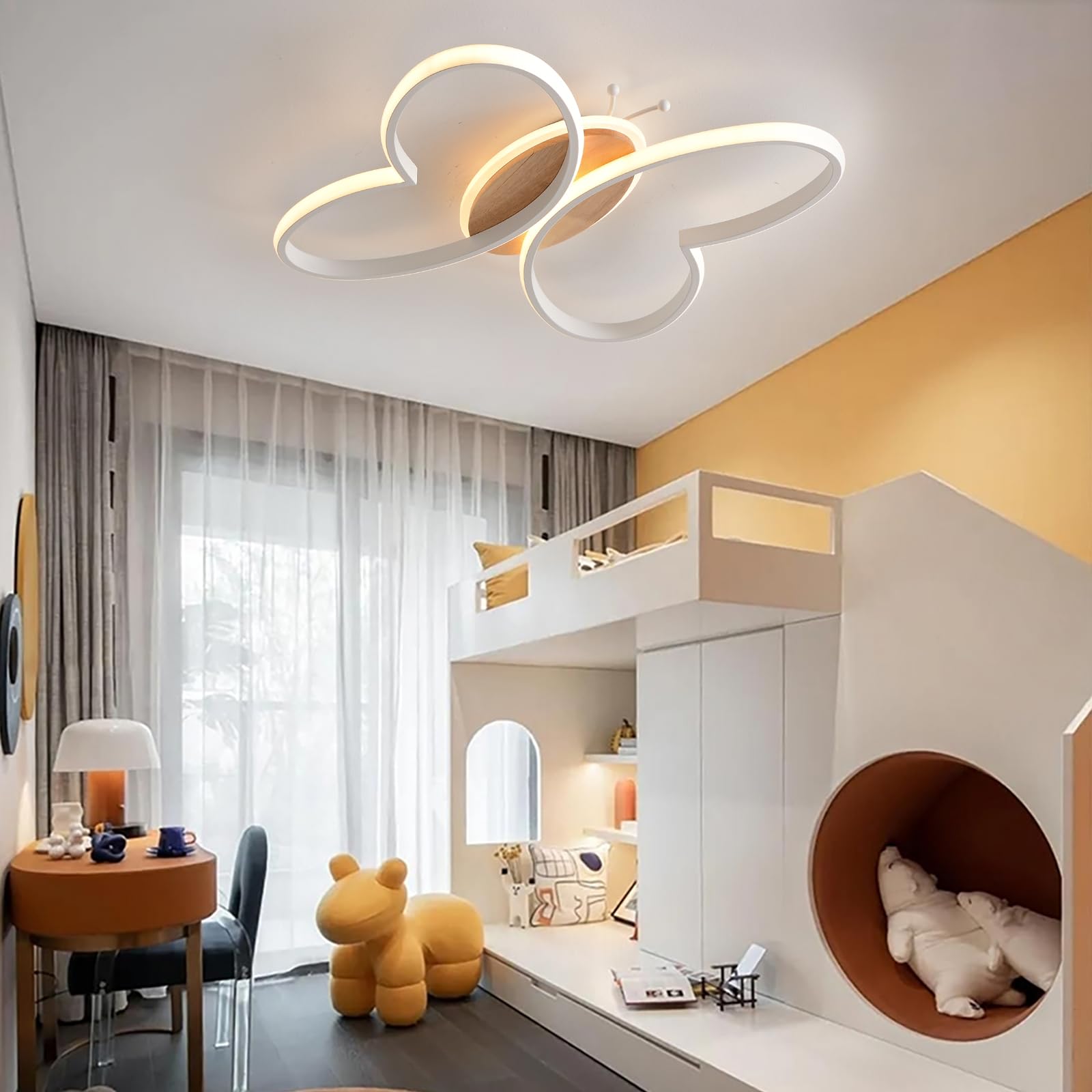 LED Deckenleuchte Schlafzimmer, 40W Kinderzimmerlampe Deckenlampe Holz, 38cm Kreativen Schmetterling Kinderzimmer Lampe Decke, Deckenleuchte Holz Dimmbar mit Fernbedienung Mit Nachtlichtfunktion
