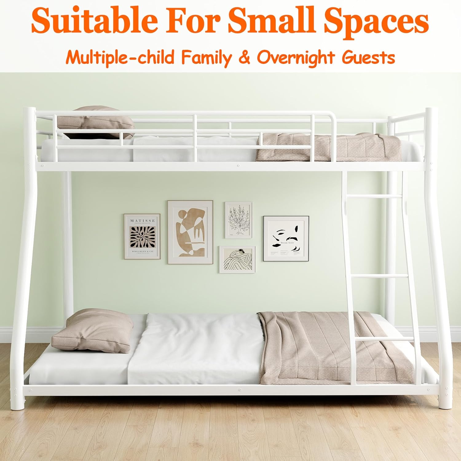 Twin Over Full Bunk Bed,Heavy Duty Metal Bunk Bed Frame for Adults,2 Side Ladder,Guardrail,Space-Saving,Noise Reduced,No Box Spring Needed,Black (White, Twin Over Full)