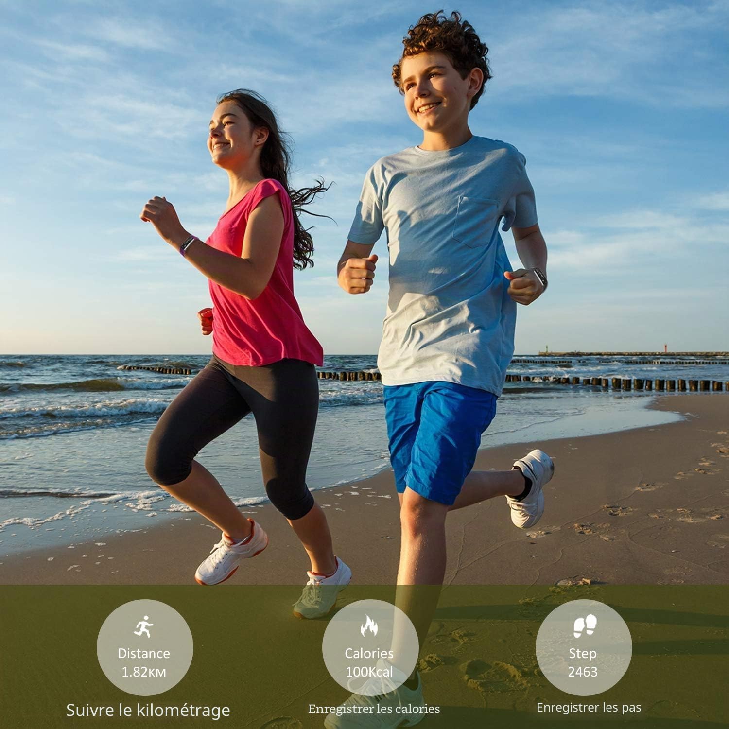 BIGGERFIVE Montre de suivi d'activité pour enfants, garçons, filles, adolescents Podomètre, moniteur d'activité, moniteur de sommeil, compteur de calories, réveil vibrant, étanchéité IP67, rose/violet