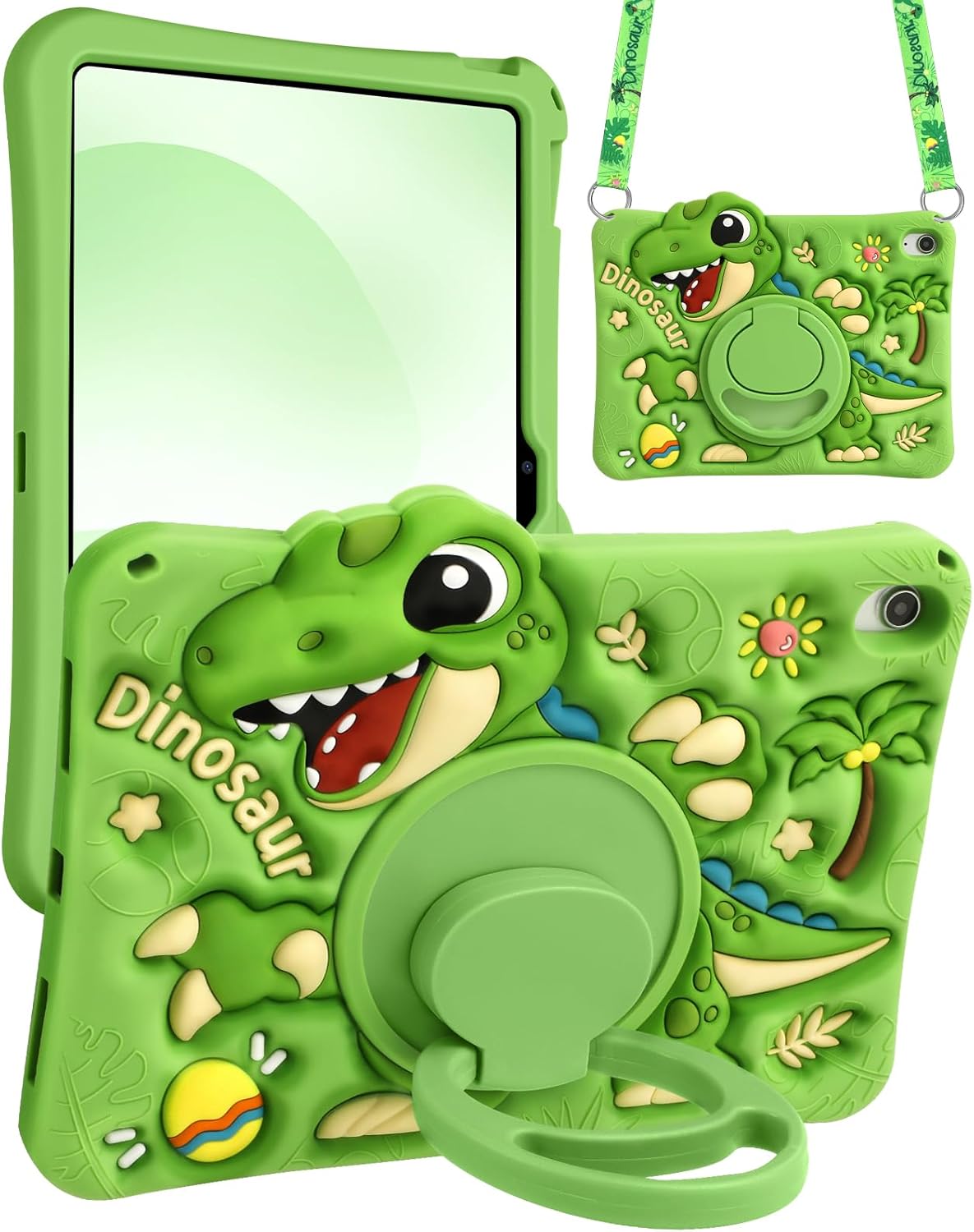 Boaretiu Tablet Case - Cute Cartoon Silicone Cover with Adjustable Shoulder Strap & Rotating Stand for Kids Boys Girls, for iPad 11th(A16) 2025 11 inch/10th Generation 10.9" 2022 Case, Green Dinosaur