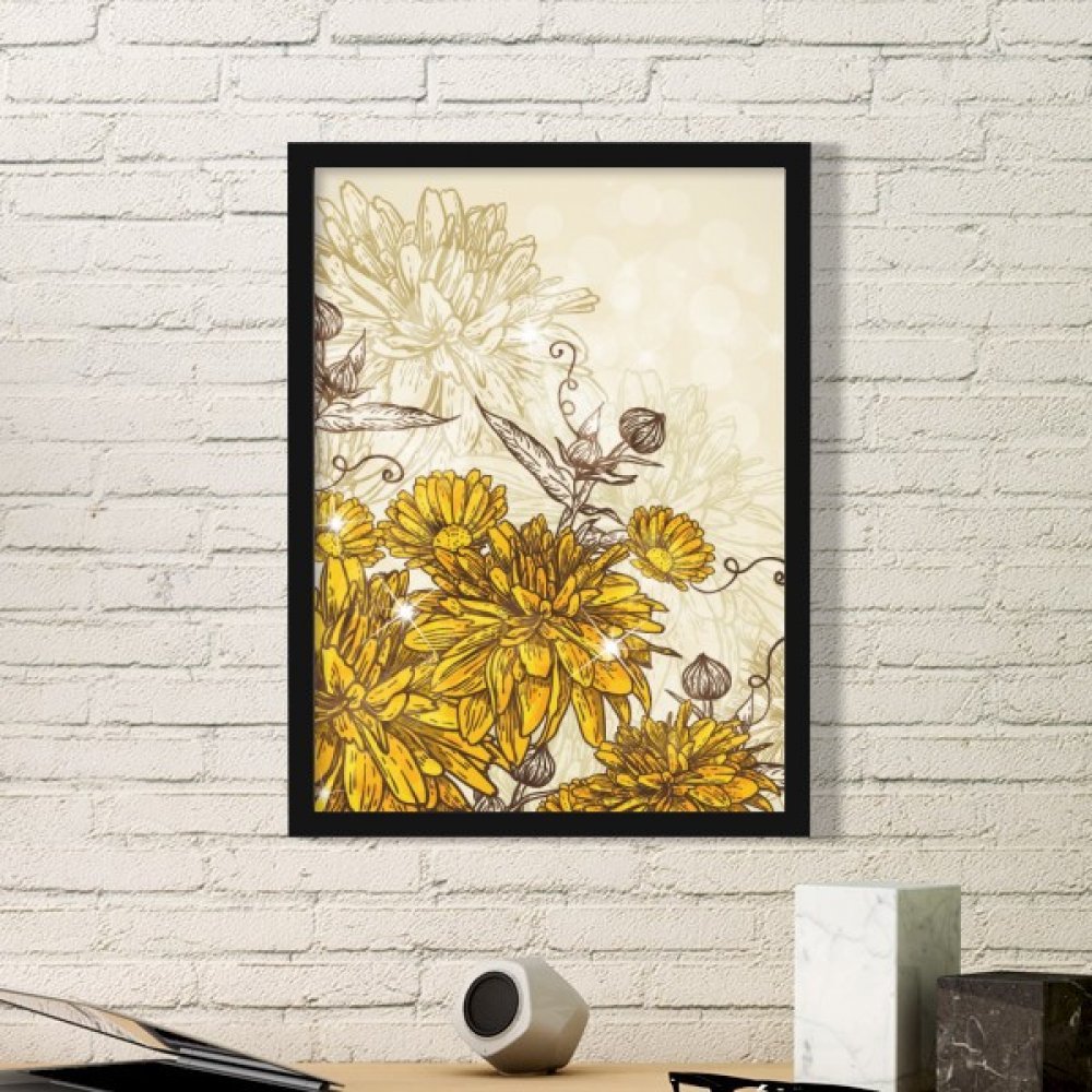 Cadre photo bois noir chrysanthème jaune pour égayer un salon sombre