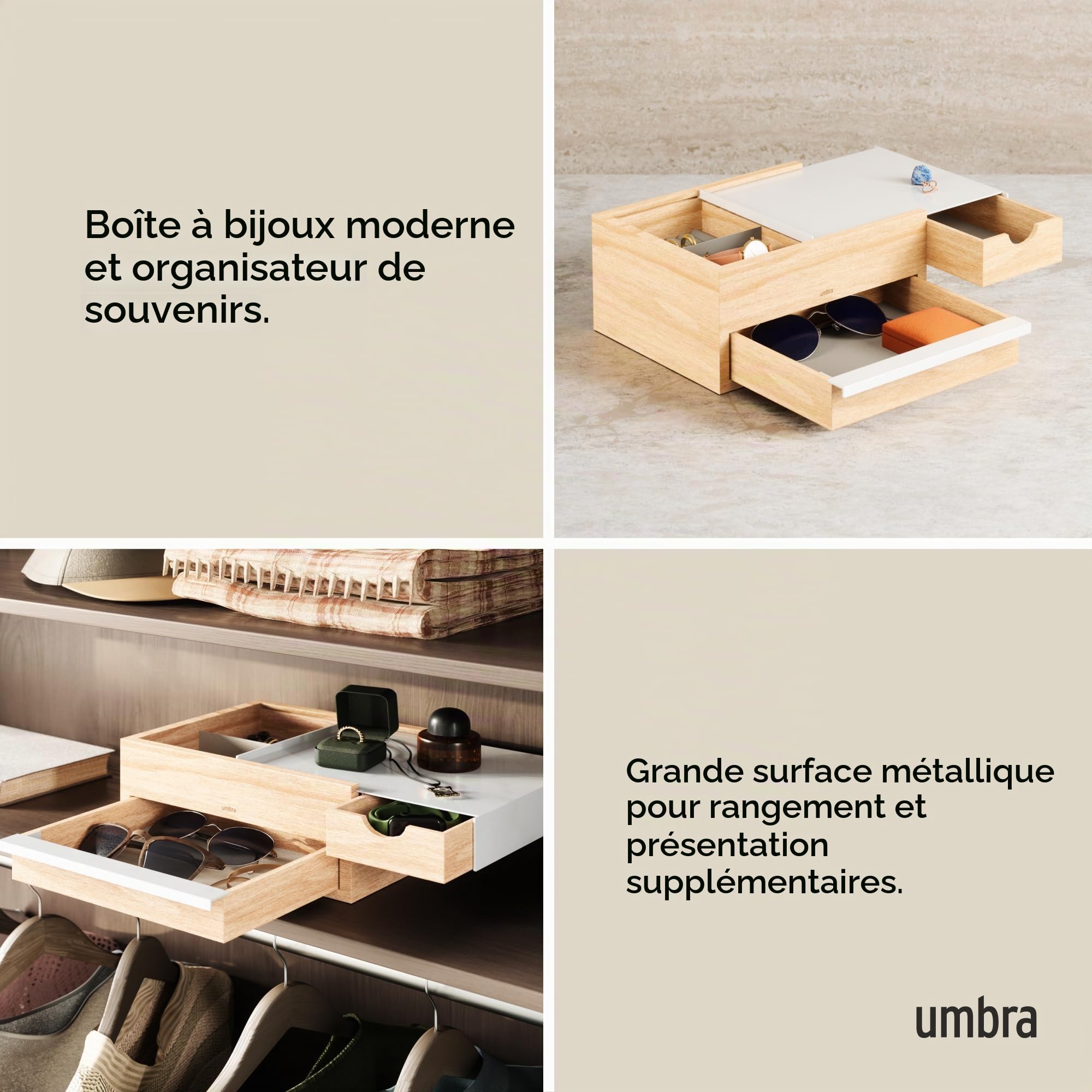 Umbra Stowit - Grande boîte à bijoux en bois blanc et naturel, Blanc/Naturel